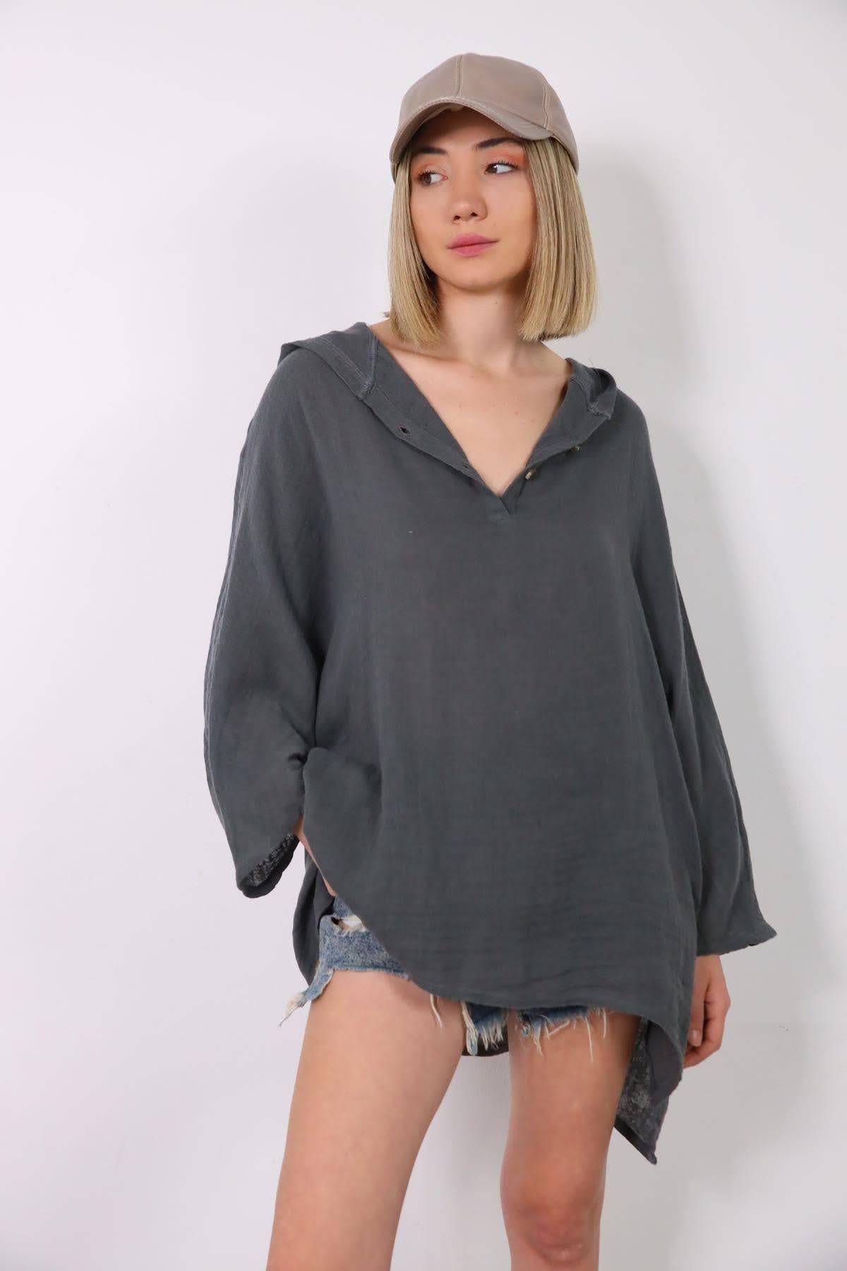  Antrasit Kapüşonlu Yarasa Kol Gömlek