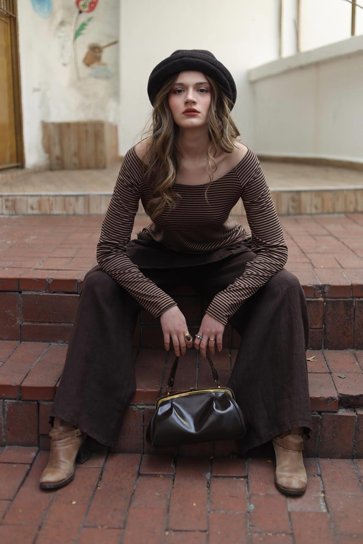 Koyu Kahverengi Önü Kapaklı Keten Pantolon