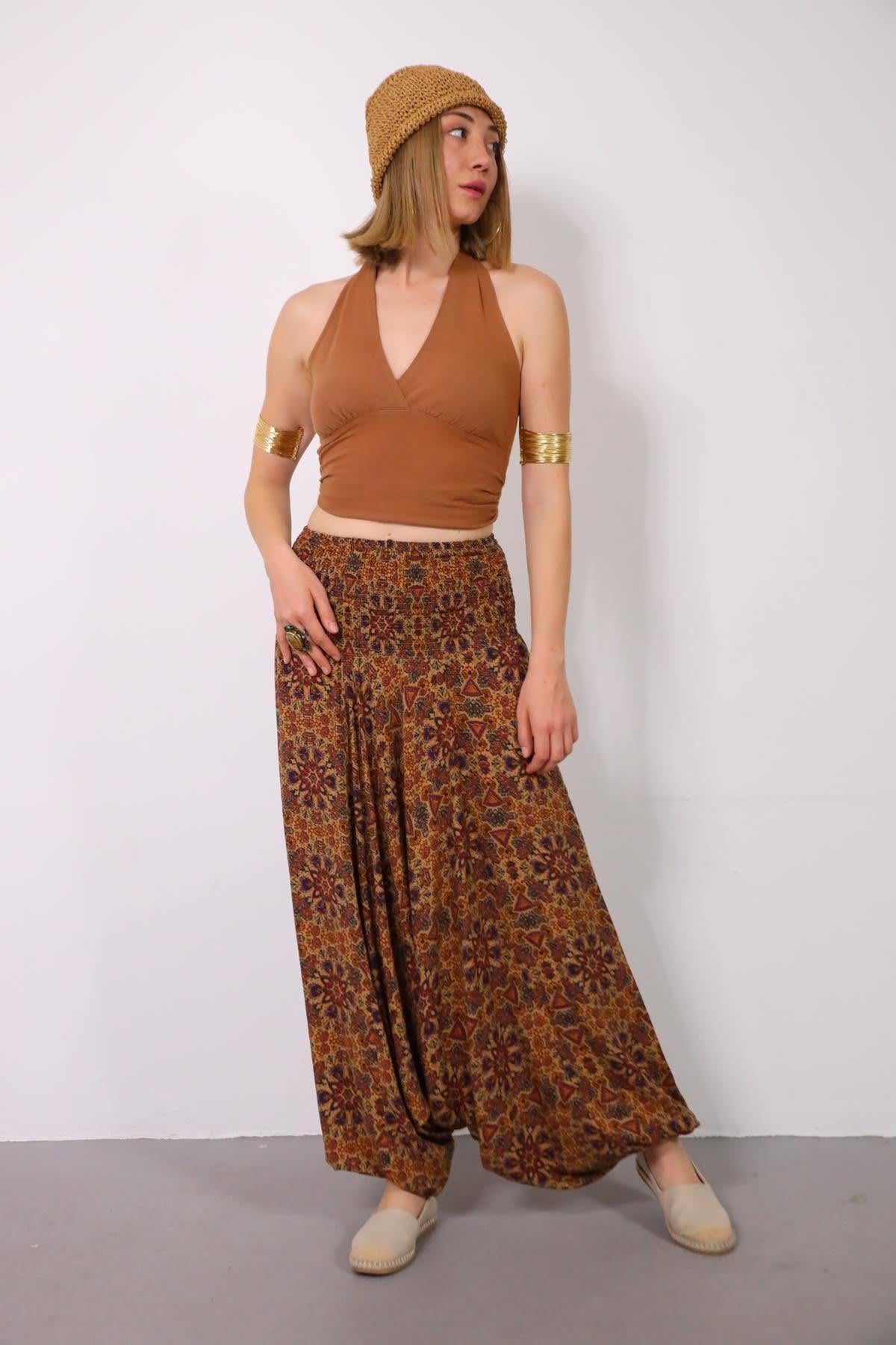 Kahverengi Desenli Beli Gipeli Bohem Şalvar - Şaman Butik Kahverengi Desenli Beli Gipeli Bohem Şalvar