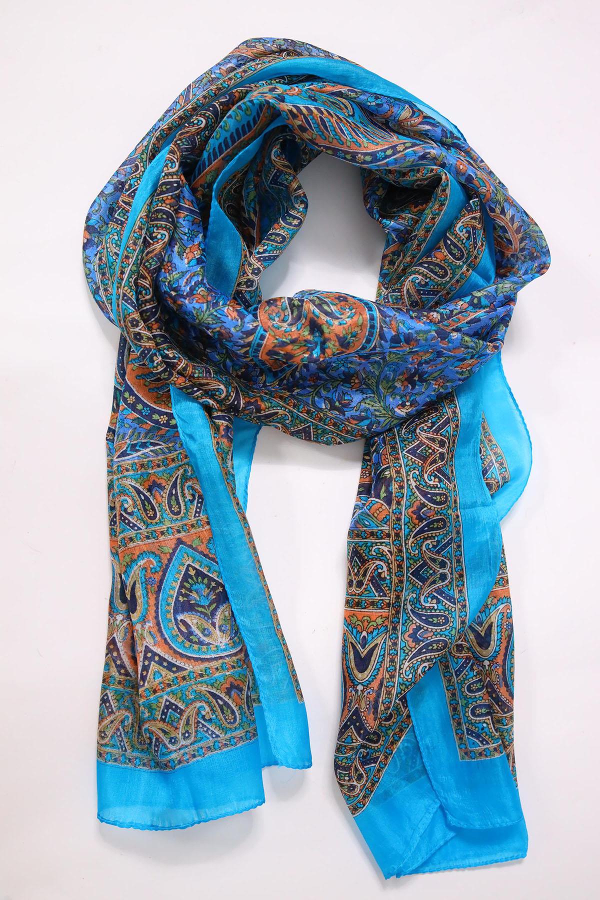 Turkuaz Desenli İpek Şal - Şaman Butik Turkuaz Desenli İpek Şal