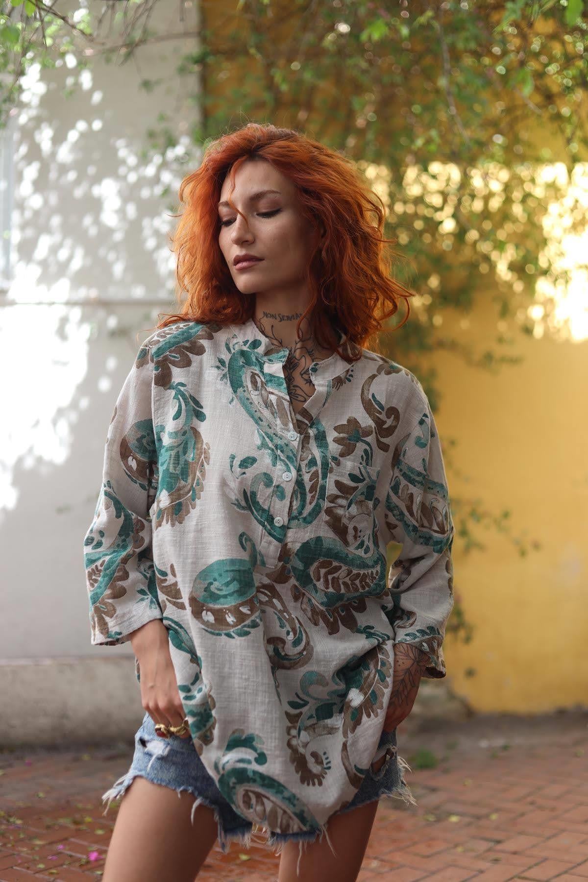 Stone Color Patterned Three Button Shirt