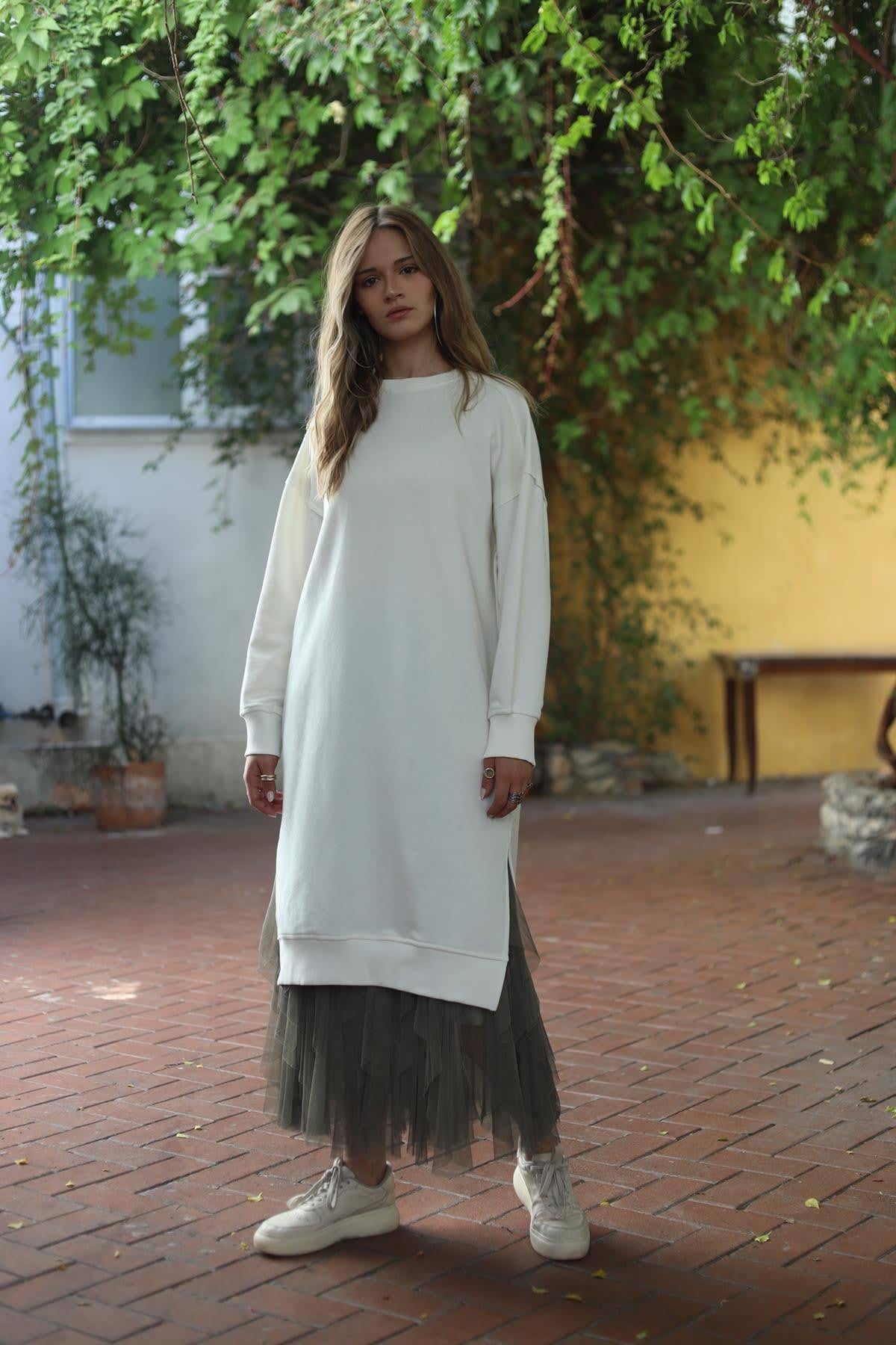 White Stitched Shoulders Dress