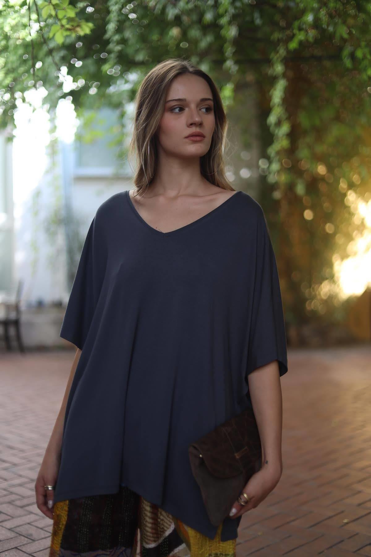 Anthracite V Neck Batwing Sleeve Blouse
