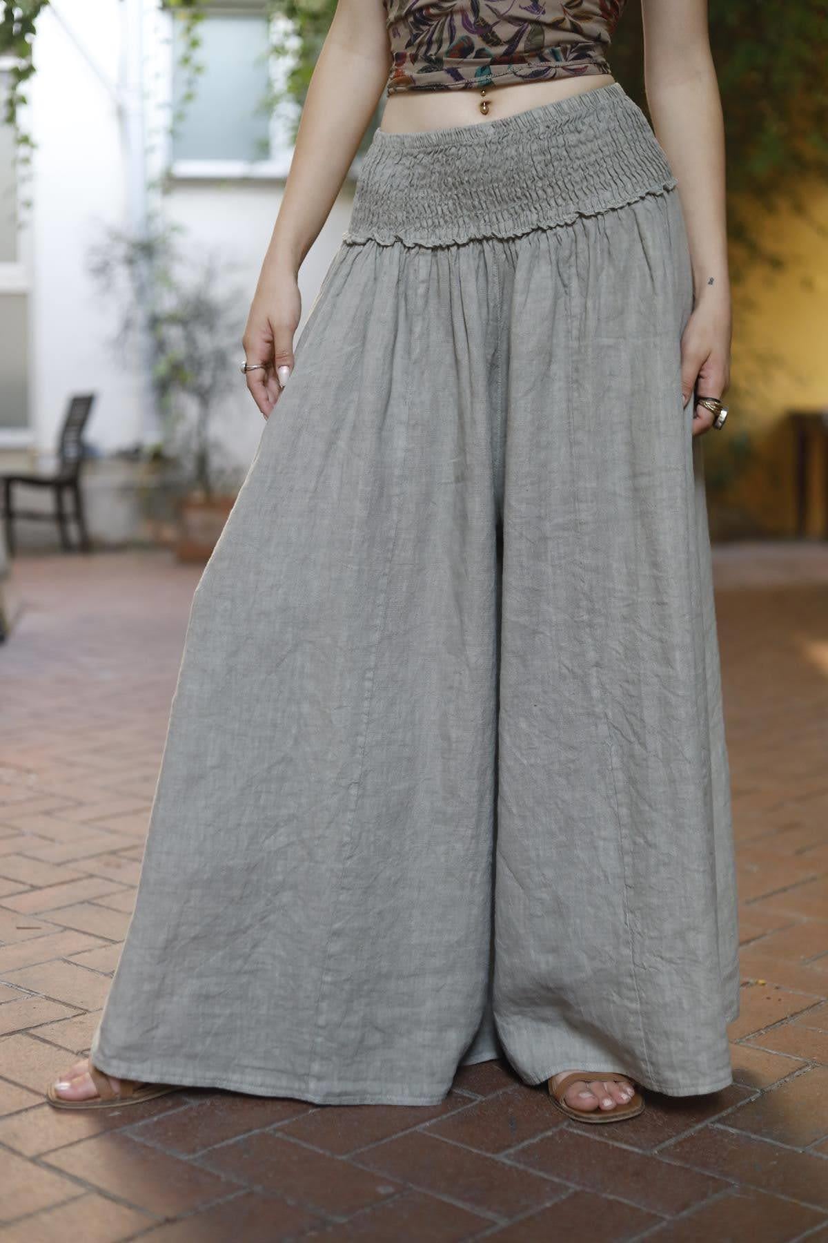 Vizon Rengi Beli Gipeli Dikiş Detaylı Keten Pantolon