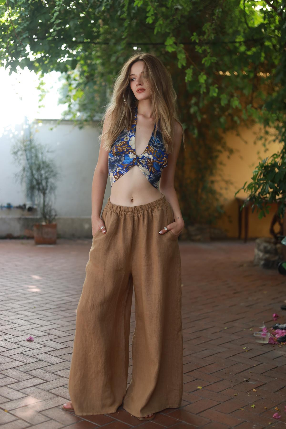 Camel Rengi Beli Lastikli Salaş Keten Pantolon