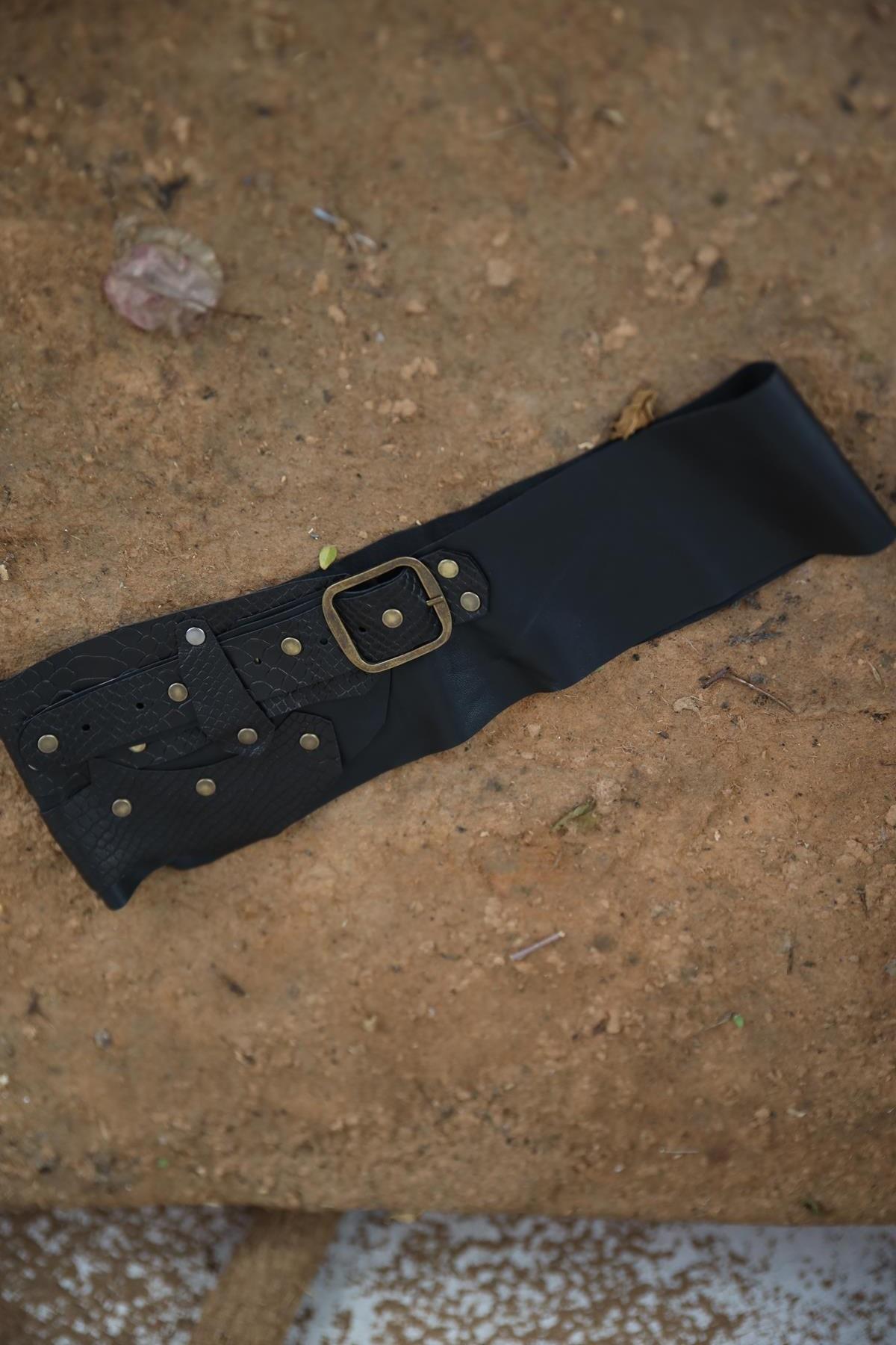 Black Stud Detail Patched Leather Belt