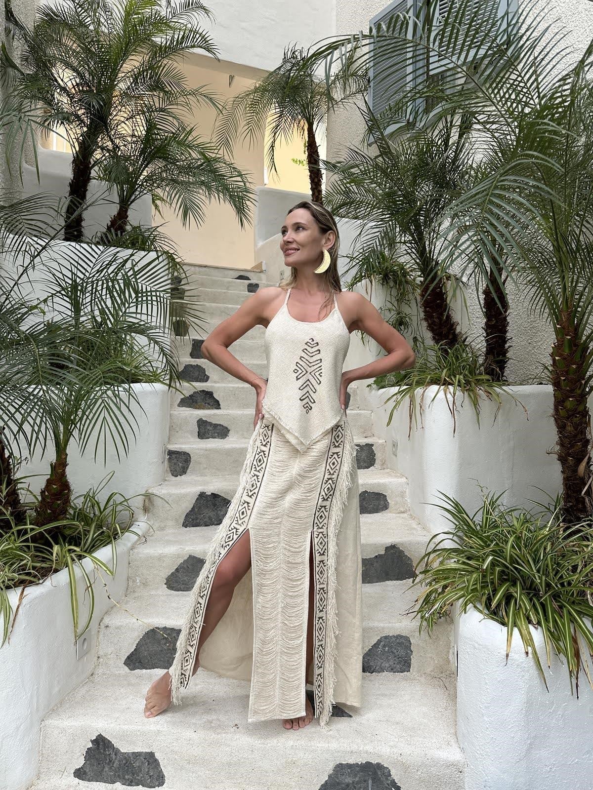 Cream Color Tasseled Slit Bohemian Skirt