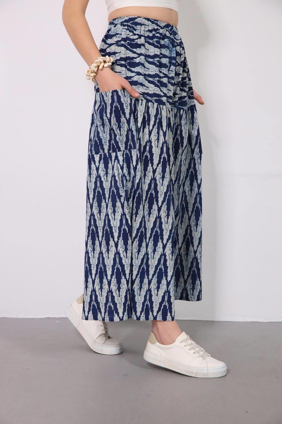 Mavi Yanları Cepli Otantik Desenli Bol Paça Pantolon - Şaman Butik Mavi Yanları Cepli Otantik Desenli Bol Paça Pantolon