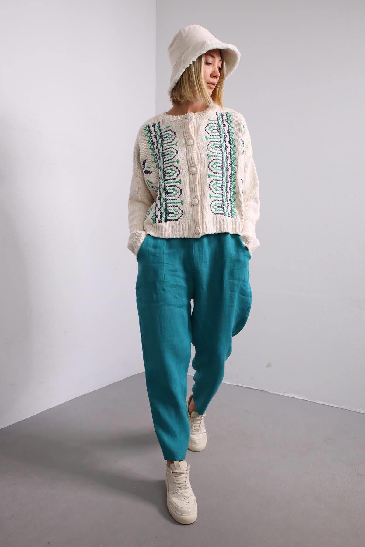 Petrol Mavisi Keten Judith Pantolon - Şaman Butik Petrol Mavisi Keten Judith Pantolon