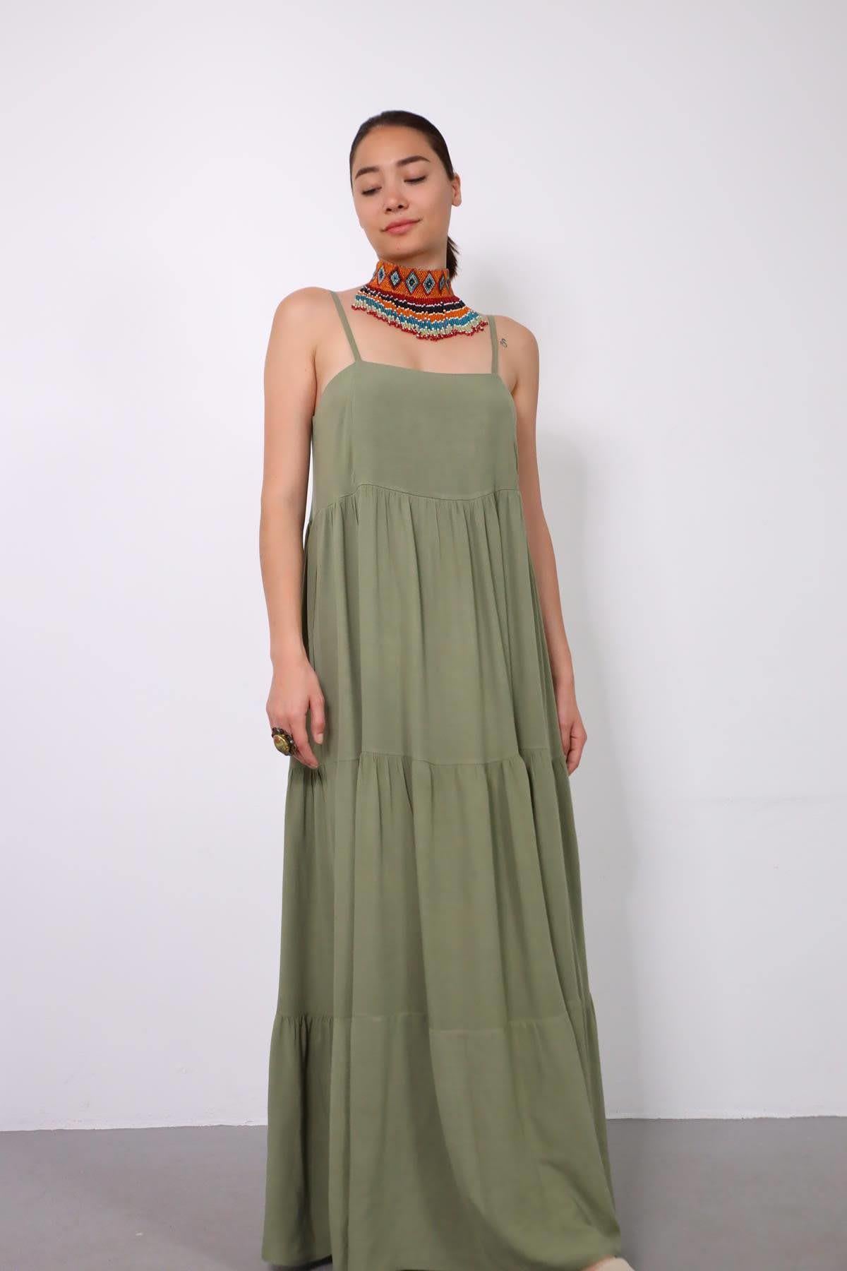 Haki Ayarlanabilir İp Askılı Yandan Fermuarlı Elbise - Şaman Butik Haki Ayarlanabilir İp Askılı Yandan Fermuarlı Elbise