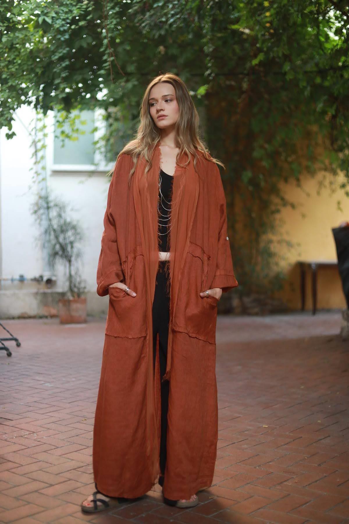 Brick Color Fringed Linen Caftan