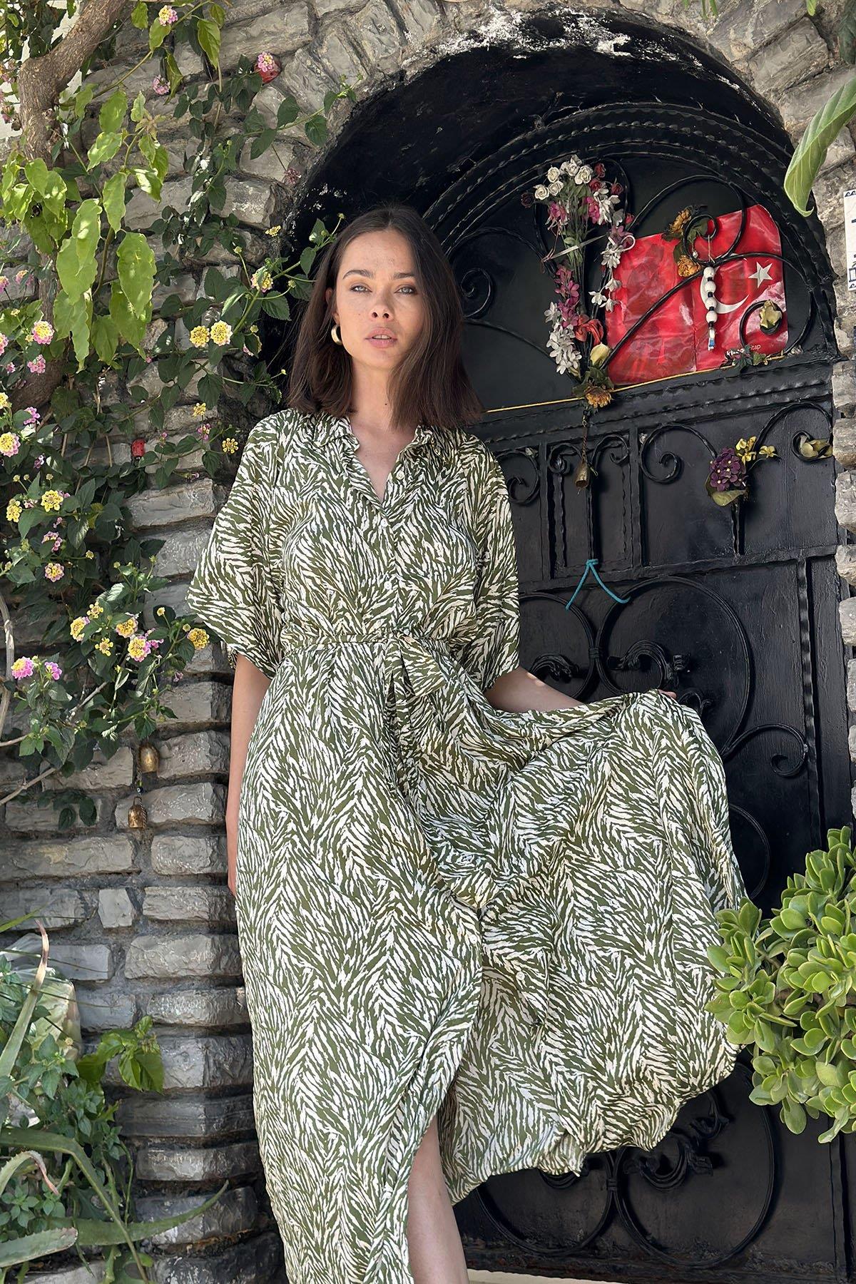 Green Patterned Belted Silk Shirt Dress
