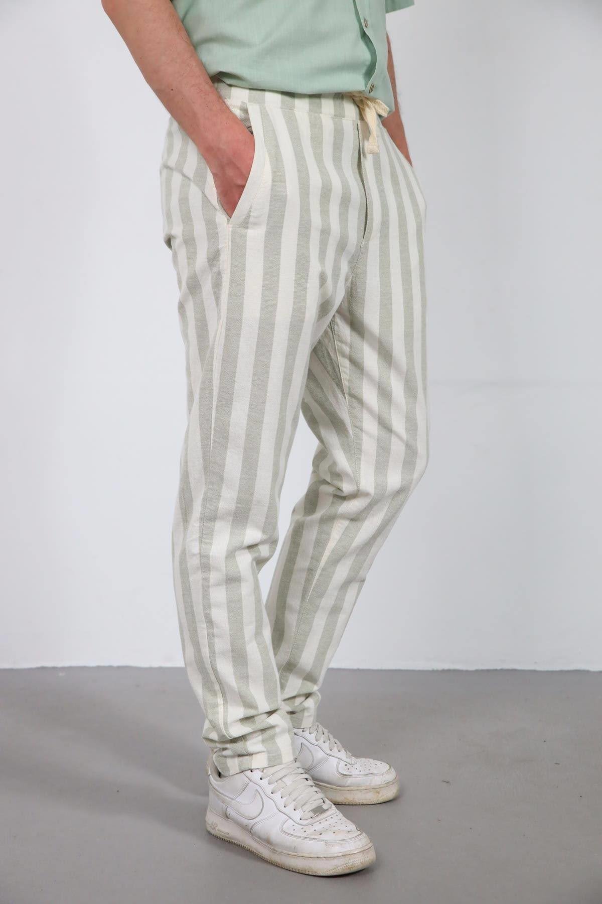  Ekru Beli Lastikli Çizgili Dar Paça Erkek Pantolon