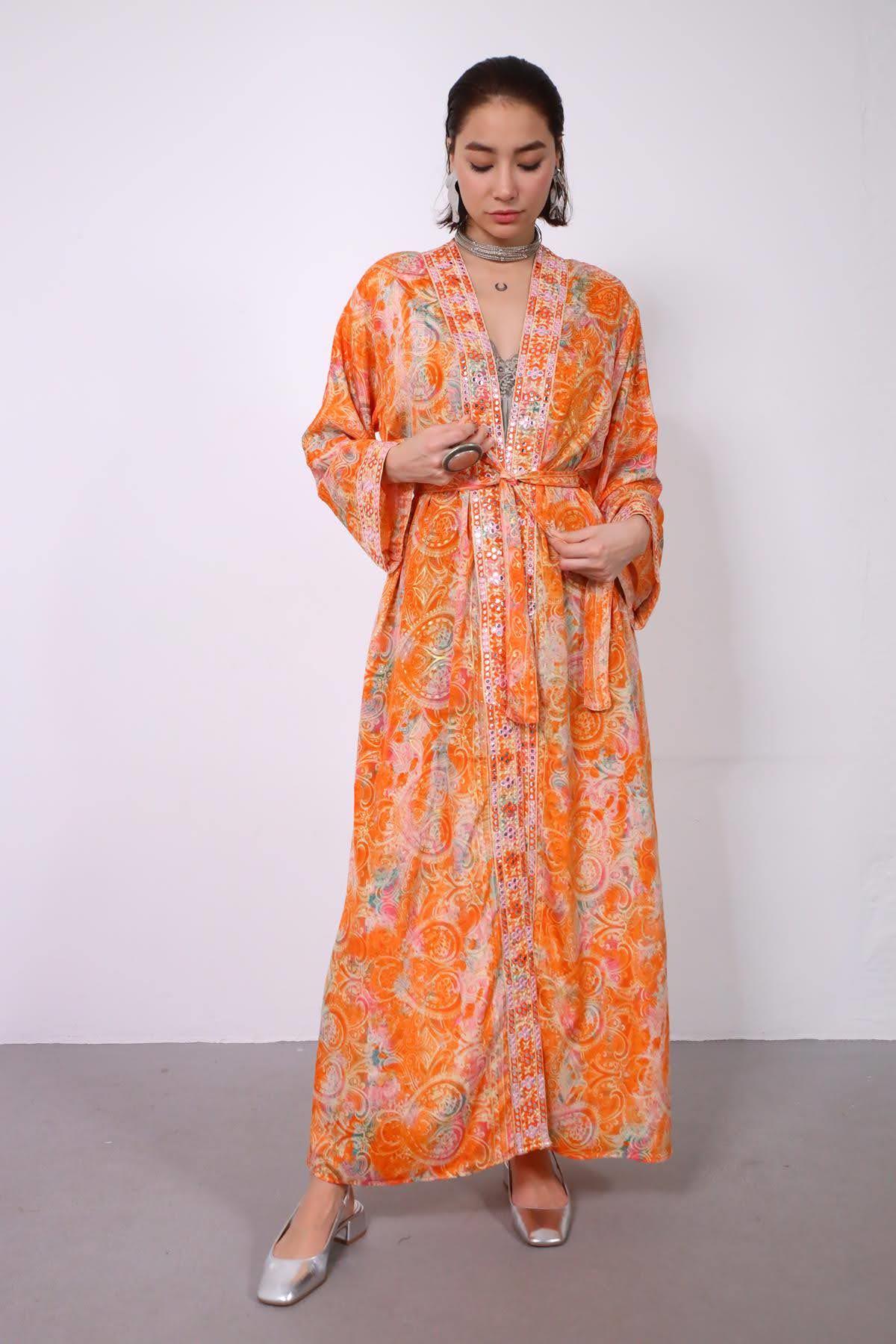 Turuncu Ayna İşlemeli Otantik İpek Kimono - Şaman Butik Turuncu Ayna İşlemeli Otantik İpek Kimono