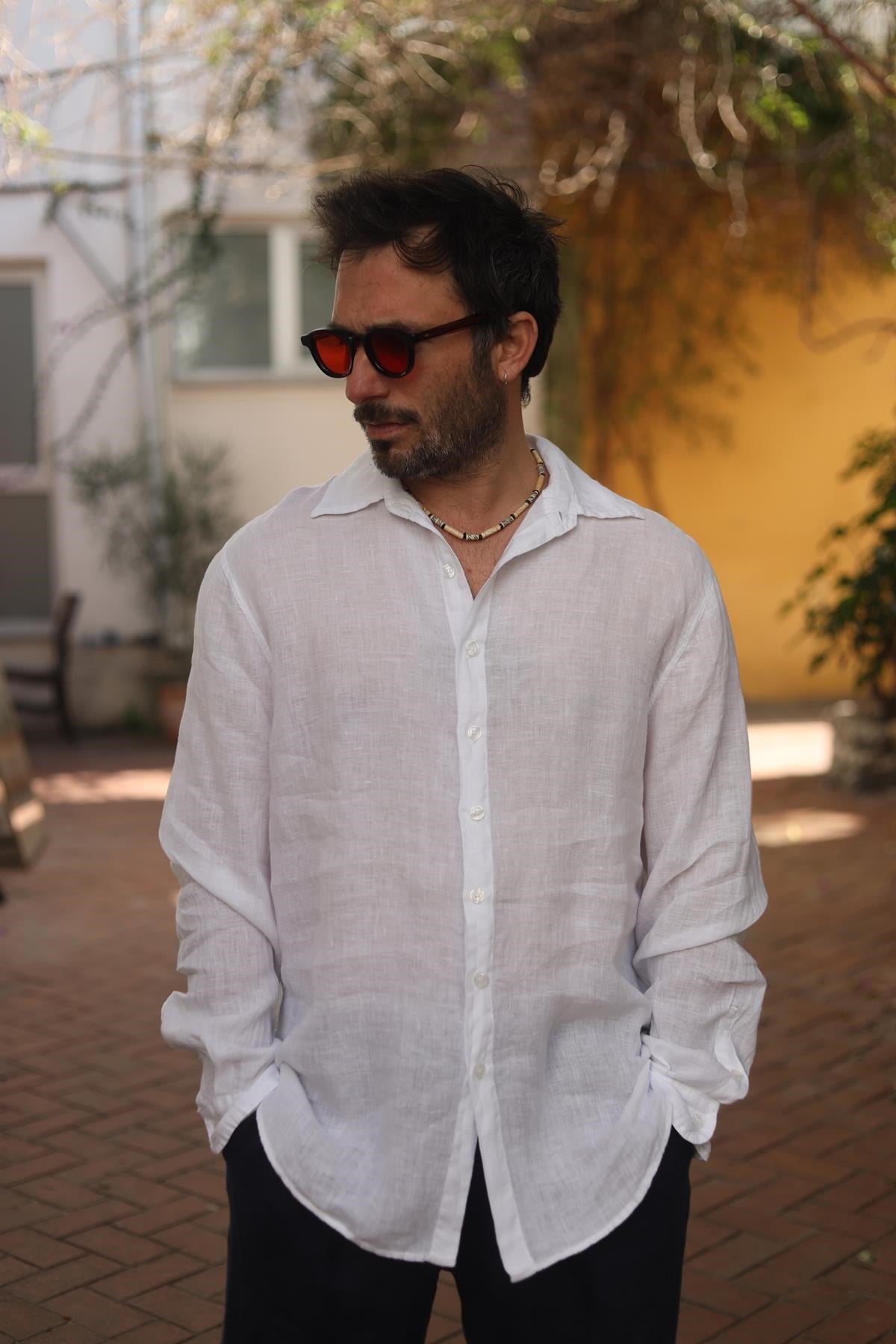 Beyaz Keten Klasik Erkek Gömlek