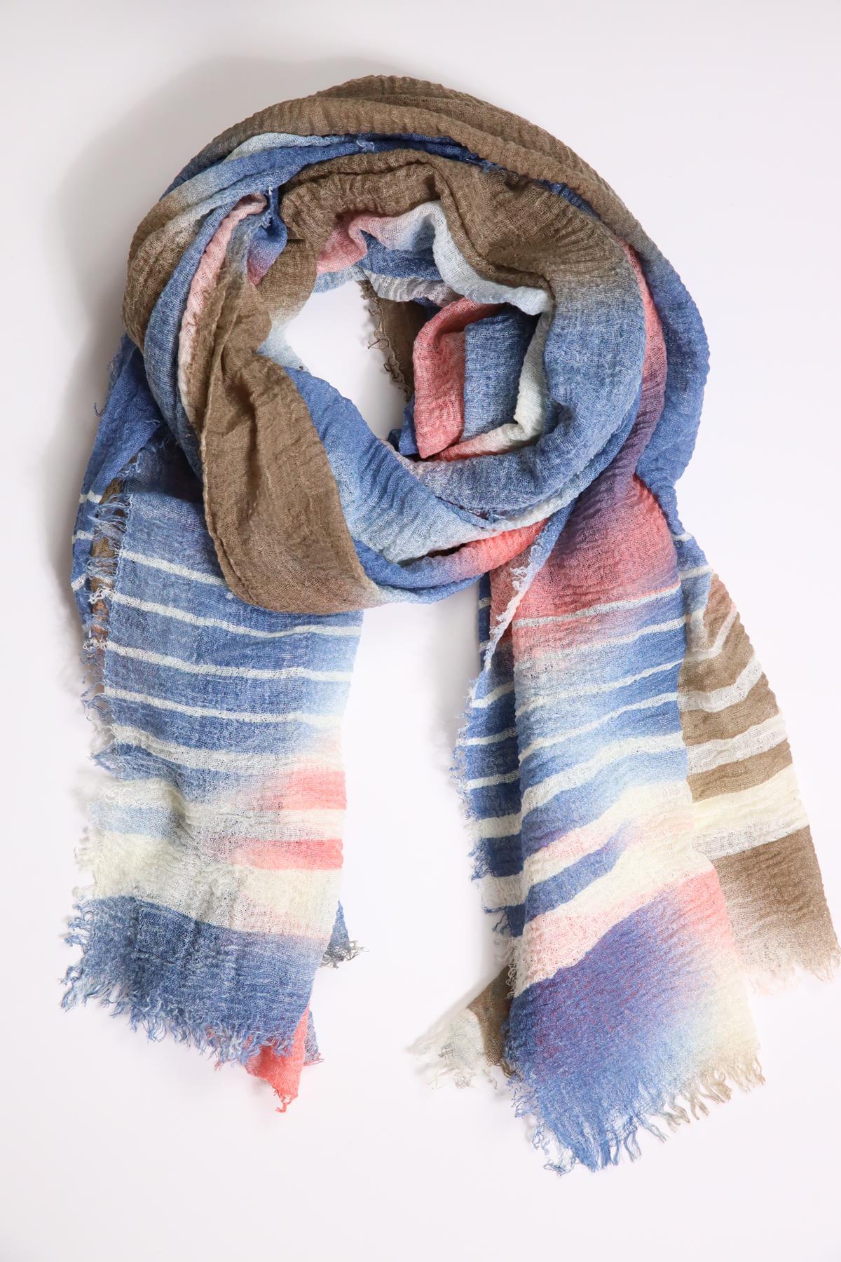 Mavi Çizgi Detaylı Renkli Şal - Şaman Butik Mavi Çizgi Detaylı Renkli Şal