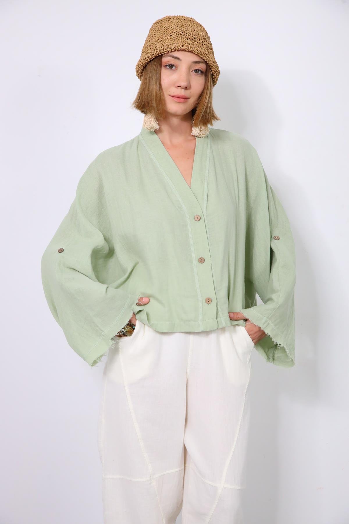 Mint Green Back Detail Wide Sleeve Shirt - Saman Butik | Shop Online Mint Green Back Detail Wide Sleeve Shirt