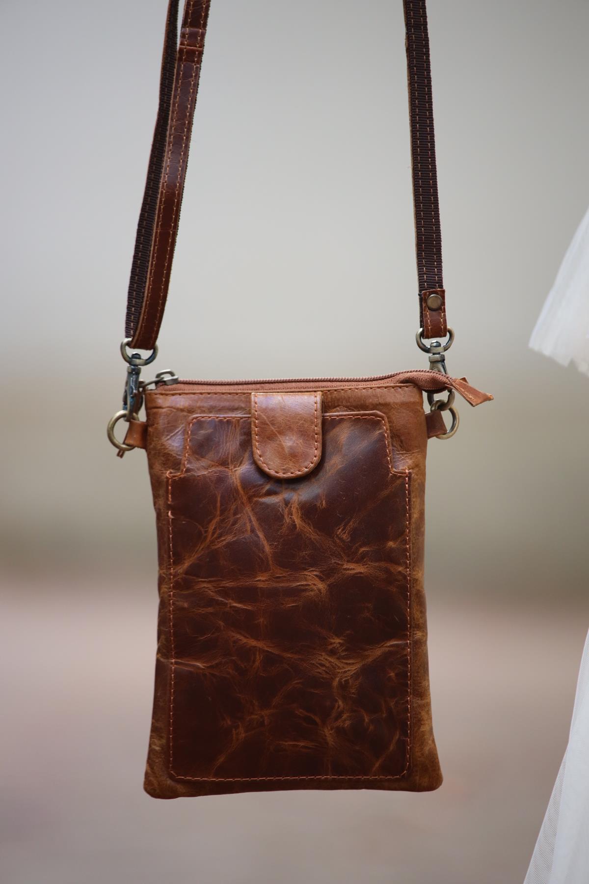 Tan Snap Pocket Zippered Leather Bag