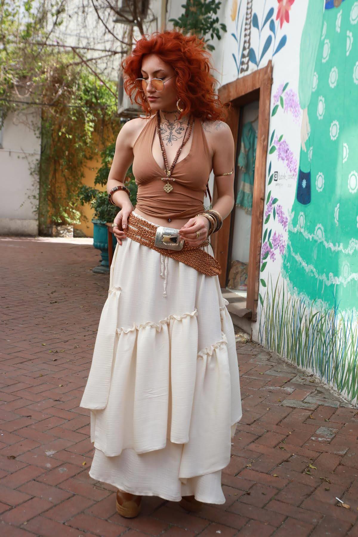 Cream Color Piece Detailed Ruffle Skirt