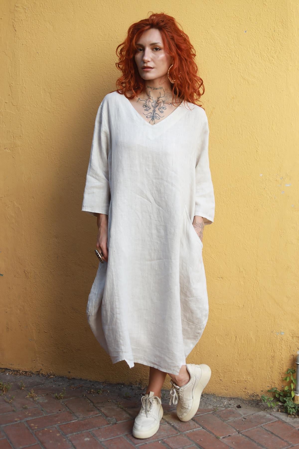 Krem Rengi V Yaka Cepli Midi Keten Elbise