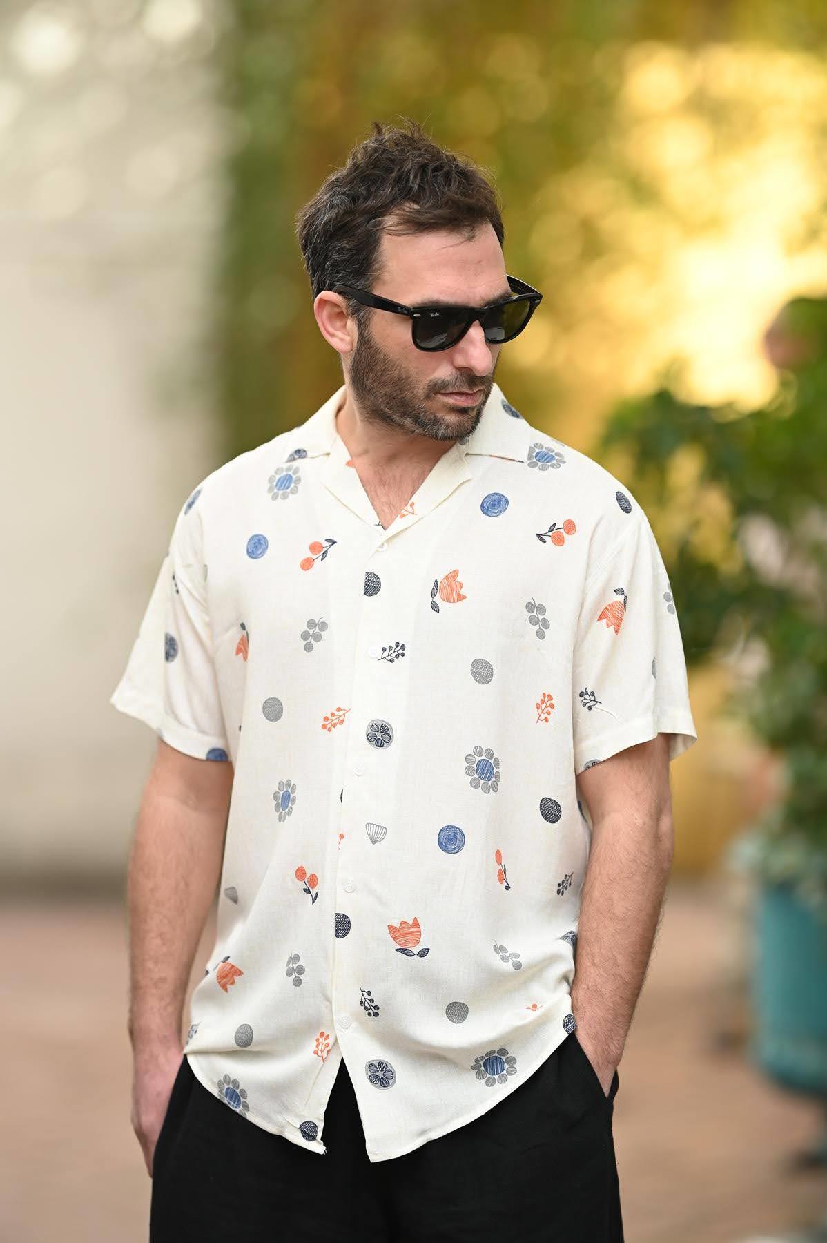 Ecru Patterned Short Sleeve Men's Shirt