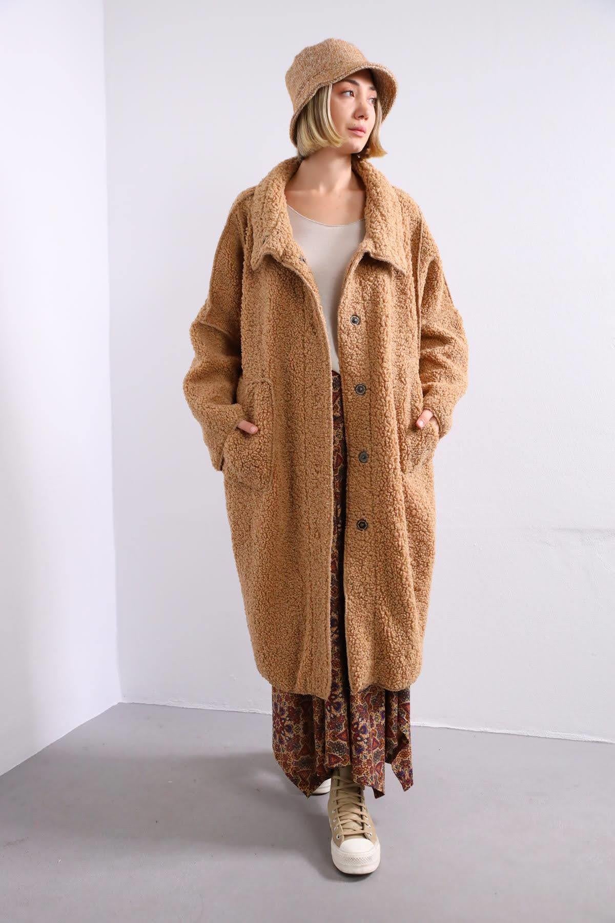  Camel Rengi Dikiş Detaylı Oversize Kaban