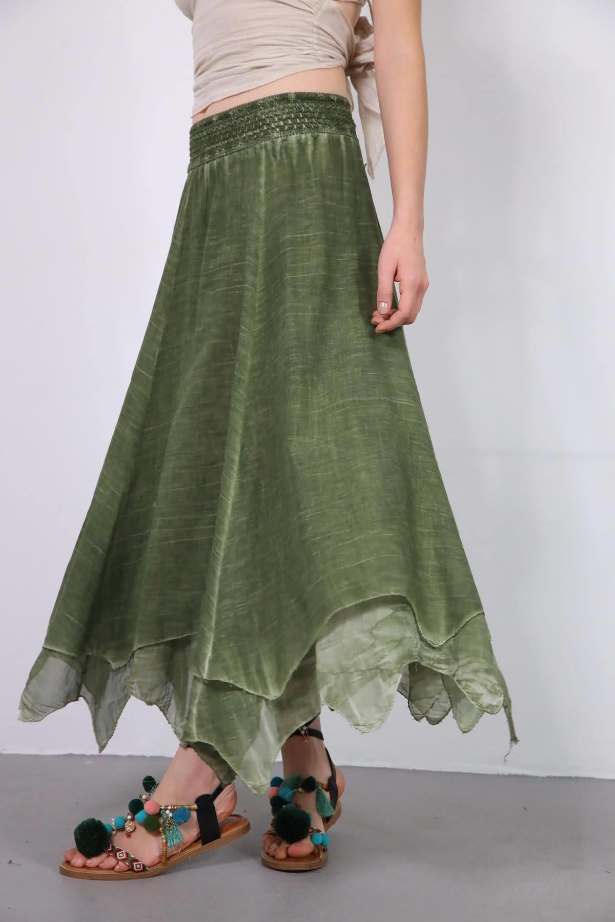 Haki Beli Gipeli Asimetrik Kesim Etek - Şaman Butik Haki Beli Gipeli Asimetrik Kesim Etek