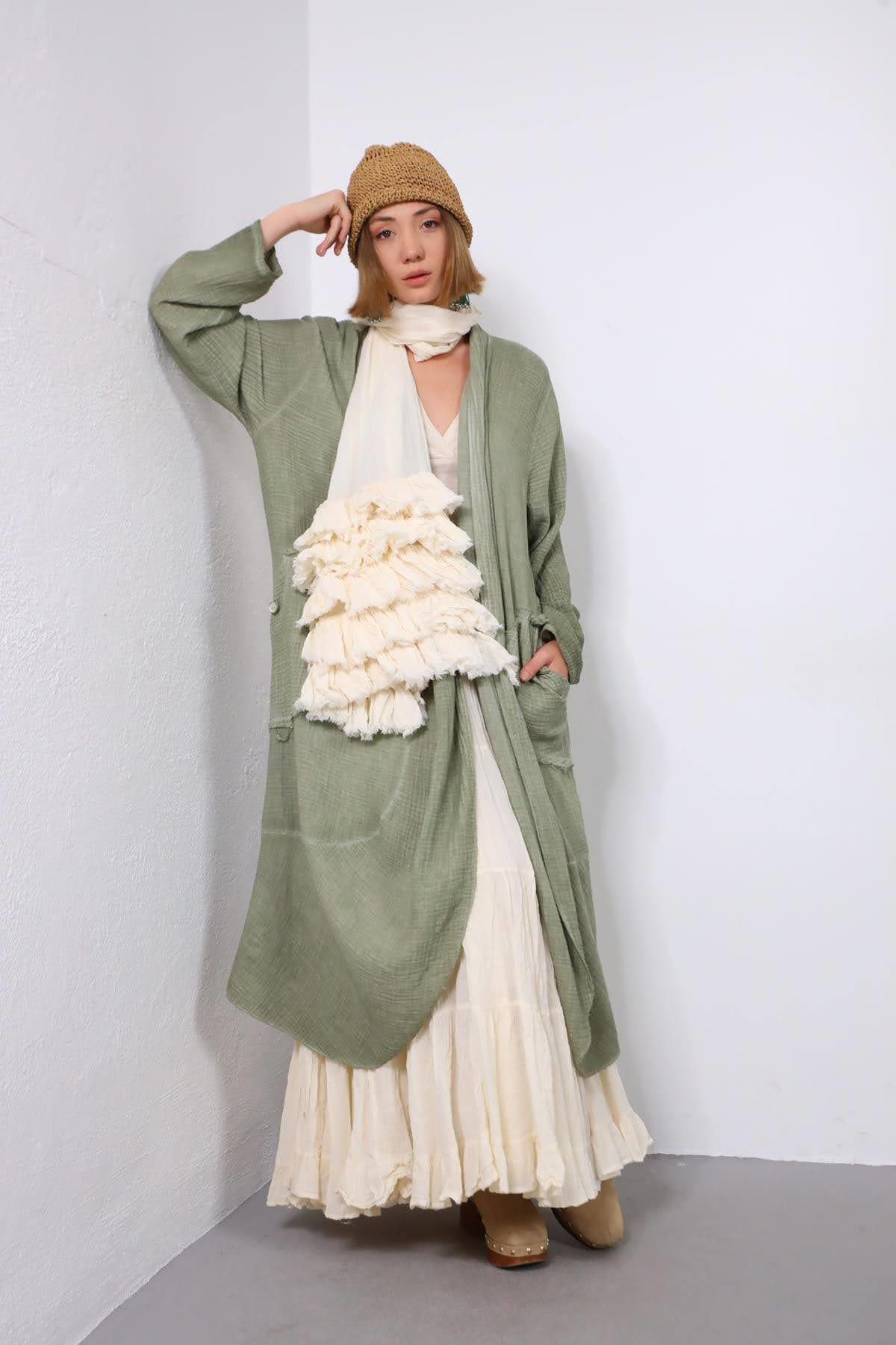 Haki Cebi Püskül Detaylı Yıkama Müslin Kaftan - Şaman Butik Haki Cebi Püskül Detaylı Yıkama Müslin Kaftan