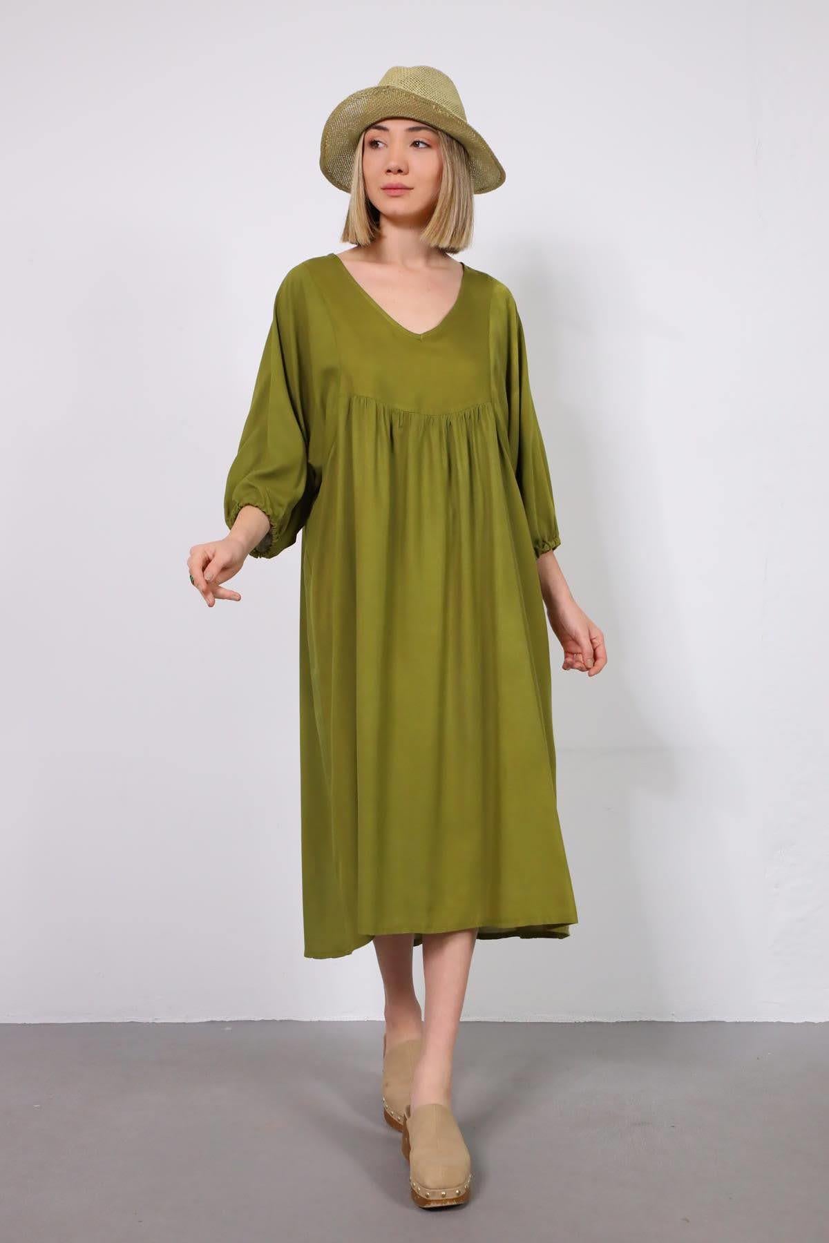Yağ Yeşili V Yaka Yarasa Kol Elbise - Şaman Butik Yağ Yeşili V Yaka Yarasa Kol Elbise