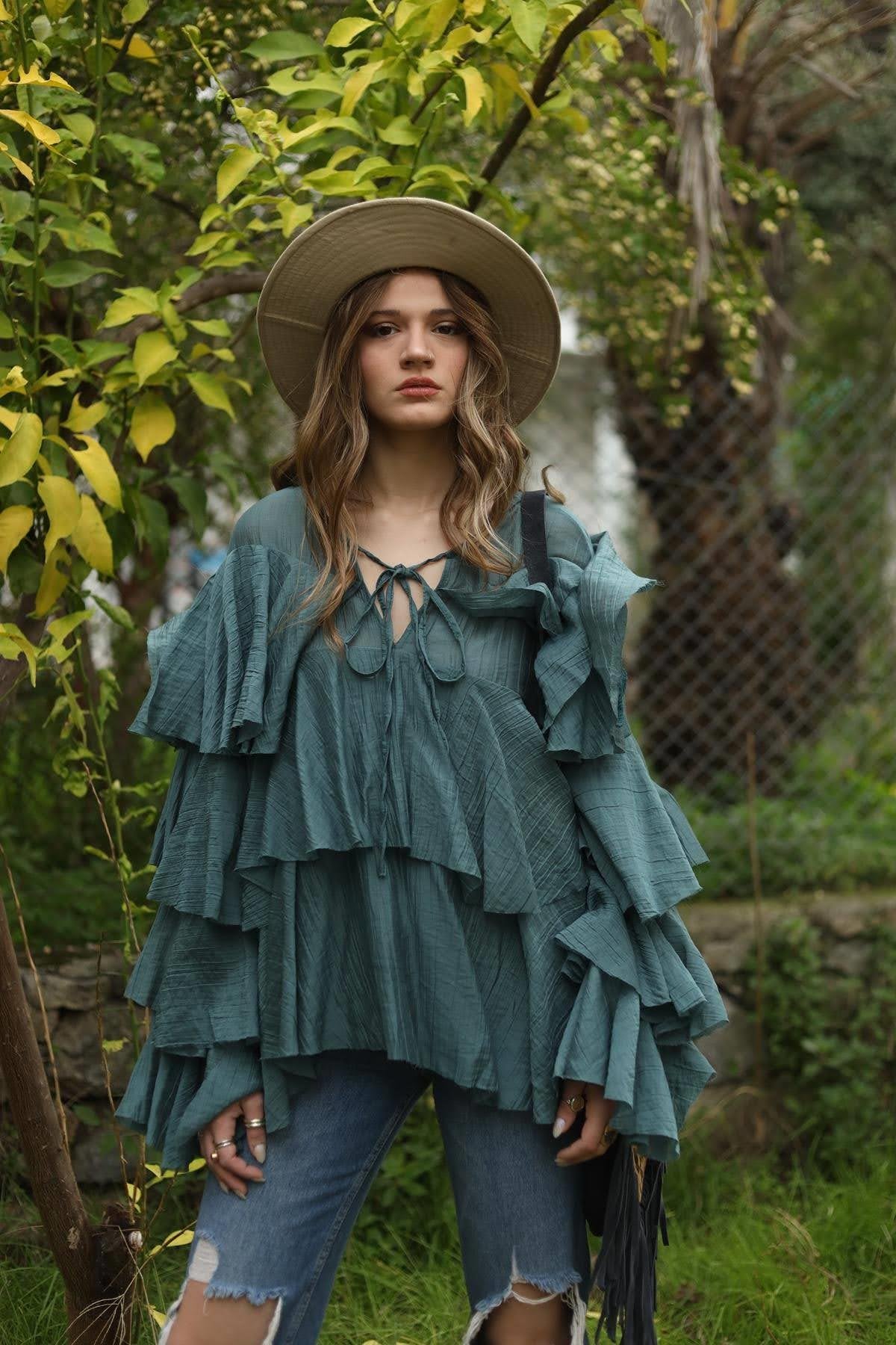 Petrol Yeşili Kat Kat Tensel Bluz