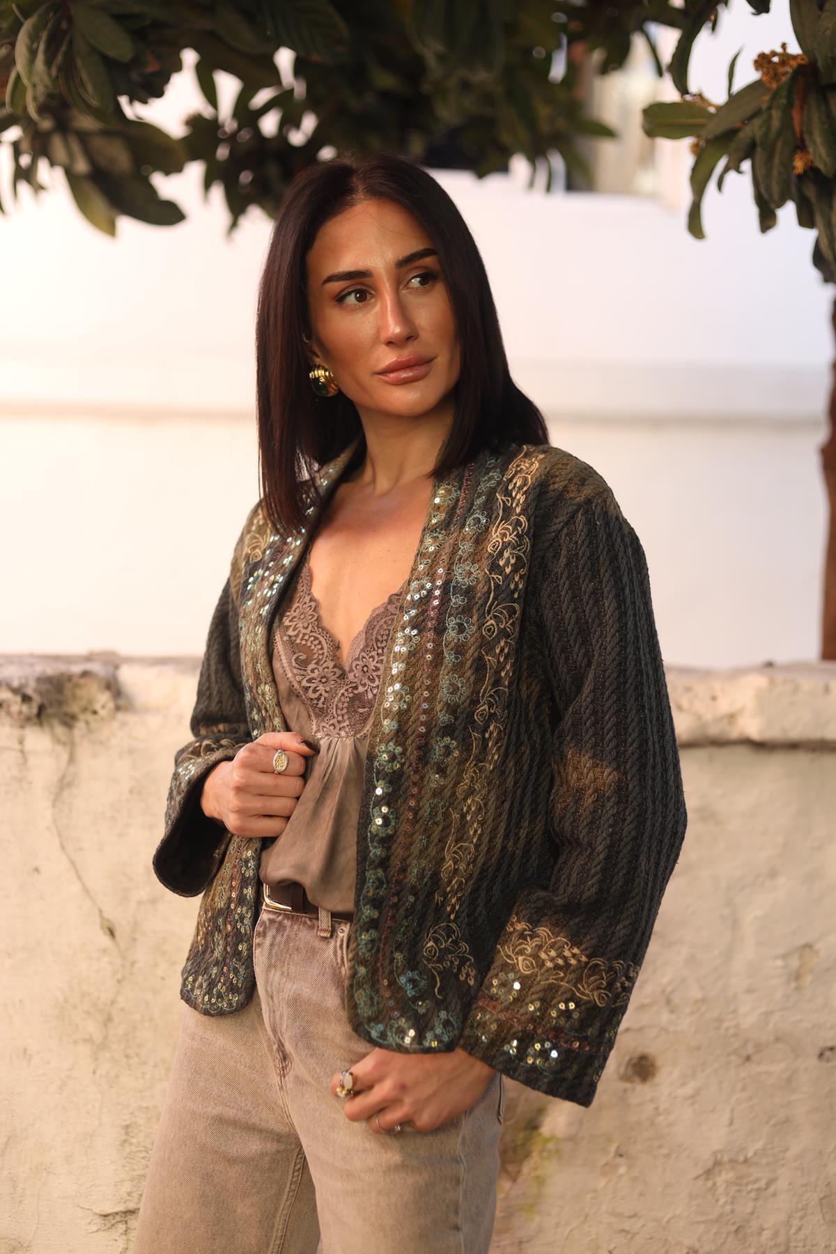 Antrasit Batikli Payet Nakışlı Ceket