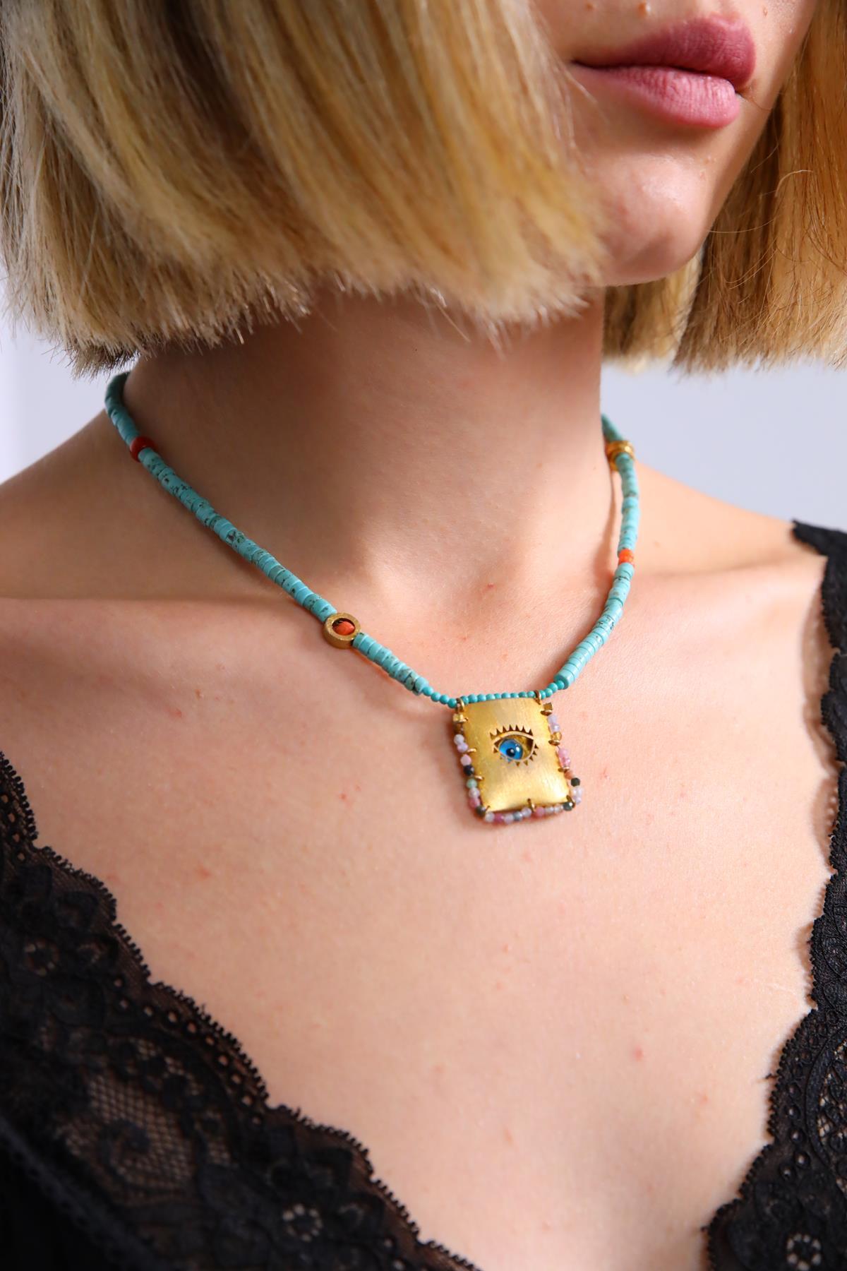 Turkuaz Ve Mercan Taşlı Tasarım Kolye - Şaman Butik Turkuaz Ve Mercan Taşlı Tasarım Kolye