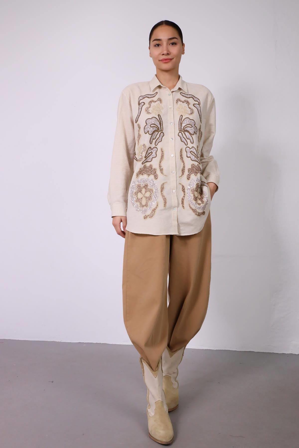 Krem Rengi Pul İşlemeli Oval Kesim Gömlek - Şaman Butik - Bohem Giyim ve Aksesuar | Kadın & Erkek Krem Rengi Pul İşlemeli Oval Kesim Gömlek
