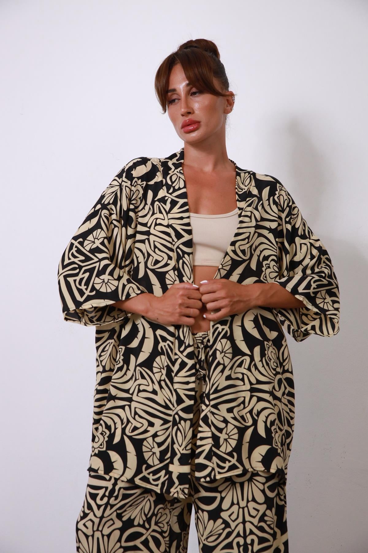 Siyah Desenli Kısa Kaftan - Şaman Butik Siyah Desenli Kısa Kaftan