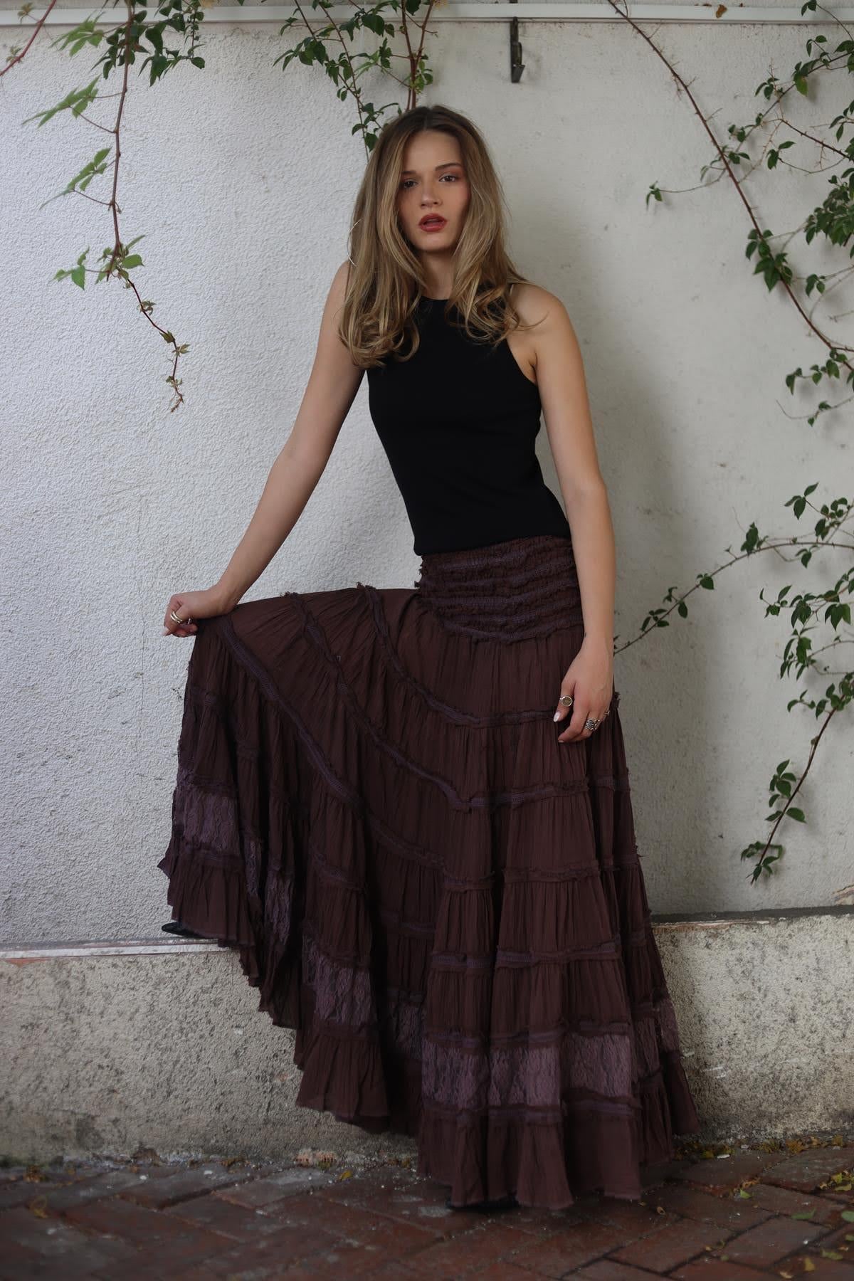 Kızıl Kahverengi Beli Gipeli Parça Detaylı Dantelli Bohem Etek