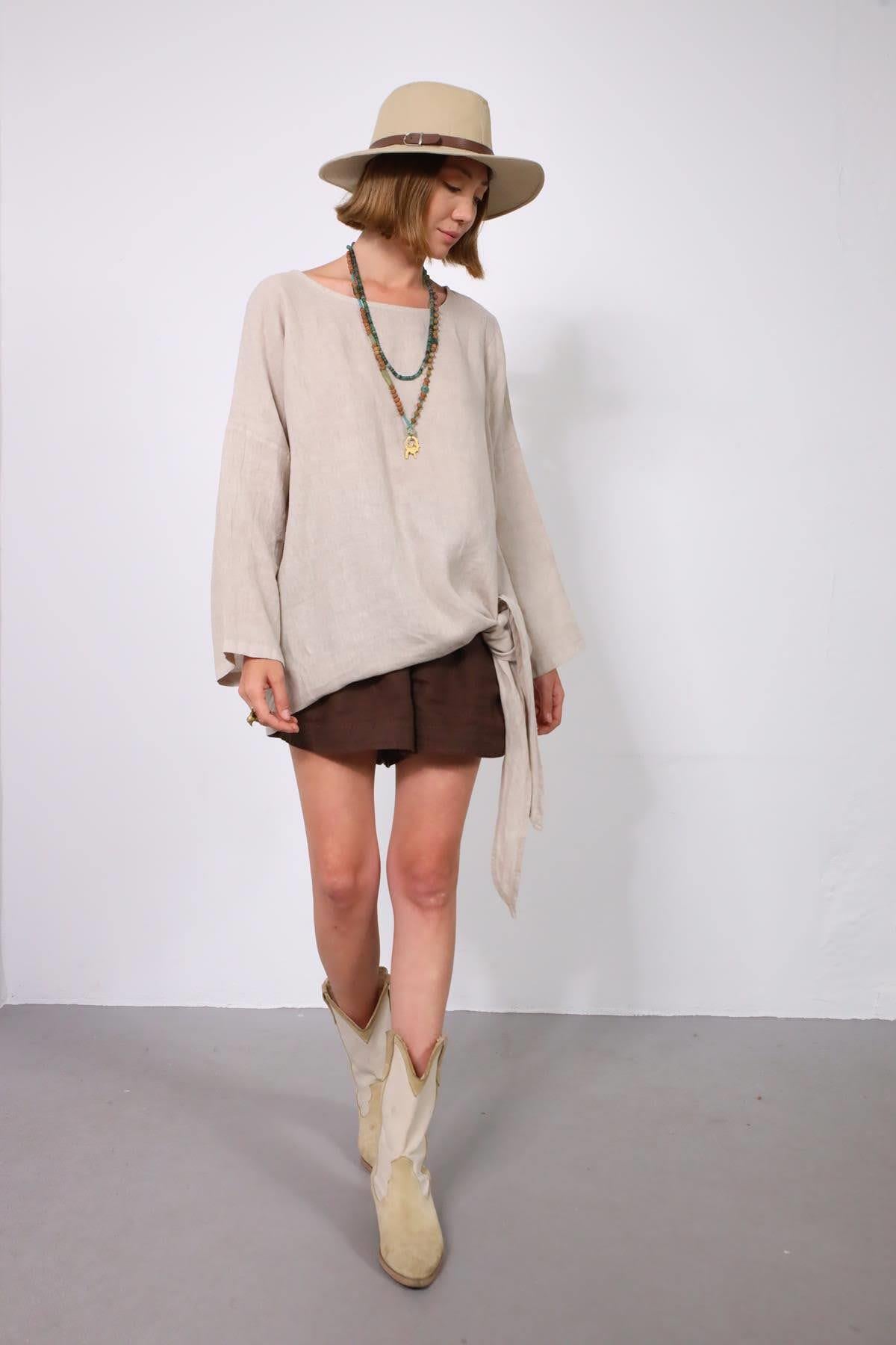 Krem Rengi Düğme Detaylı Bağlamalı Keten Bluz - Şaman Butik Krem Rengi Düğme Detaylı Bağlamalı Keten Bluz
