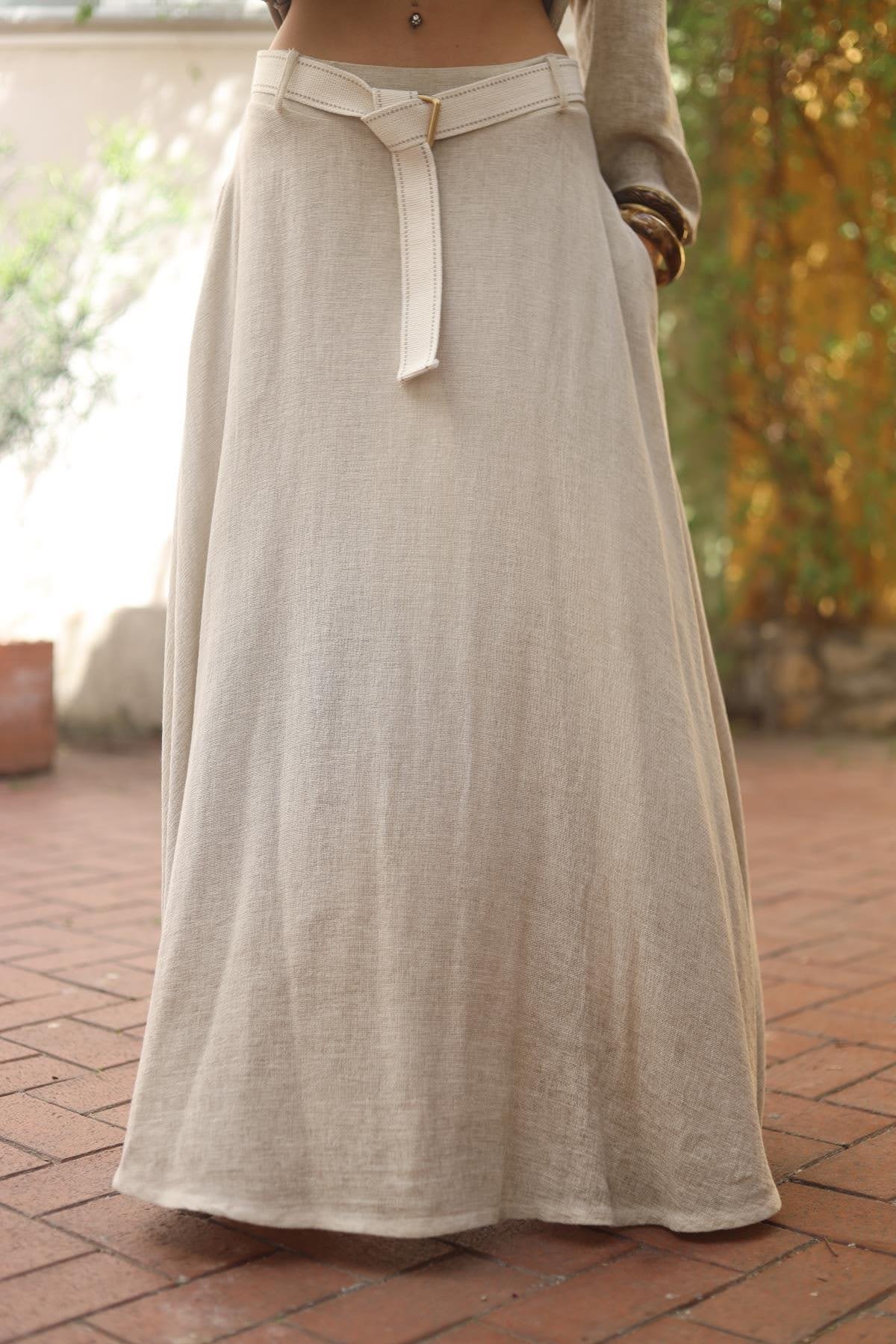 Cream Color Elastic Pocketed Linen Skirt