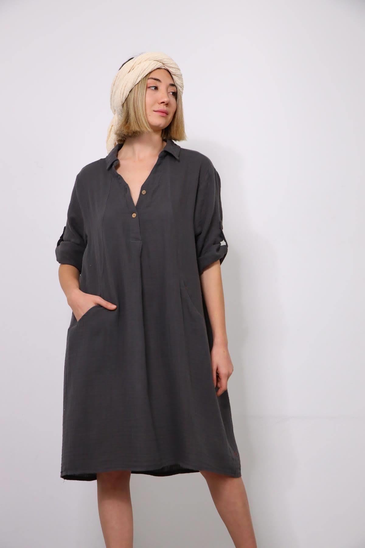 Antrasit Gömlek Yaka Cepli Müslin Elbise - Şaman Butik Antrasit Gömlek Yaka Cepli Müslin Elbise