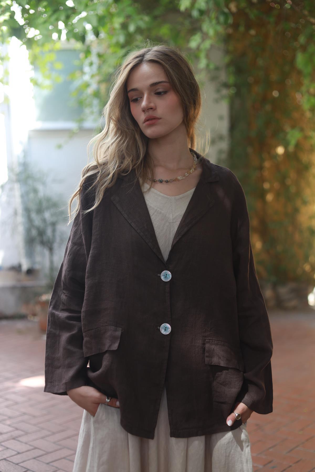 Brown Linen Double Button Jacket