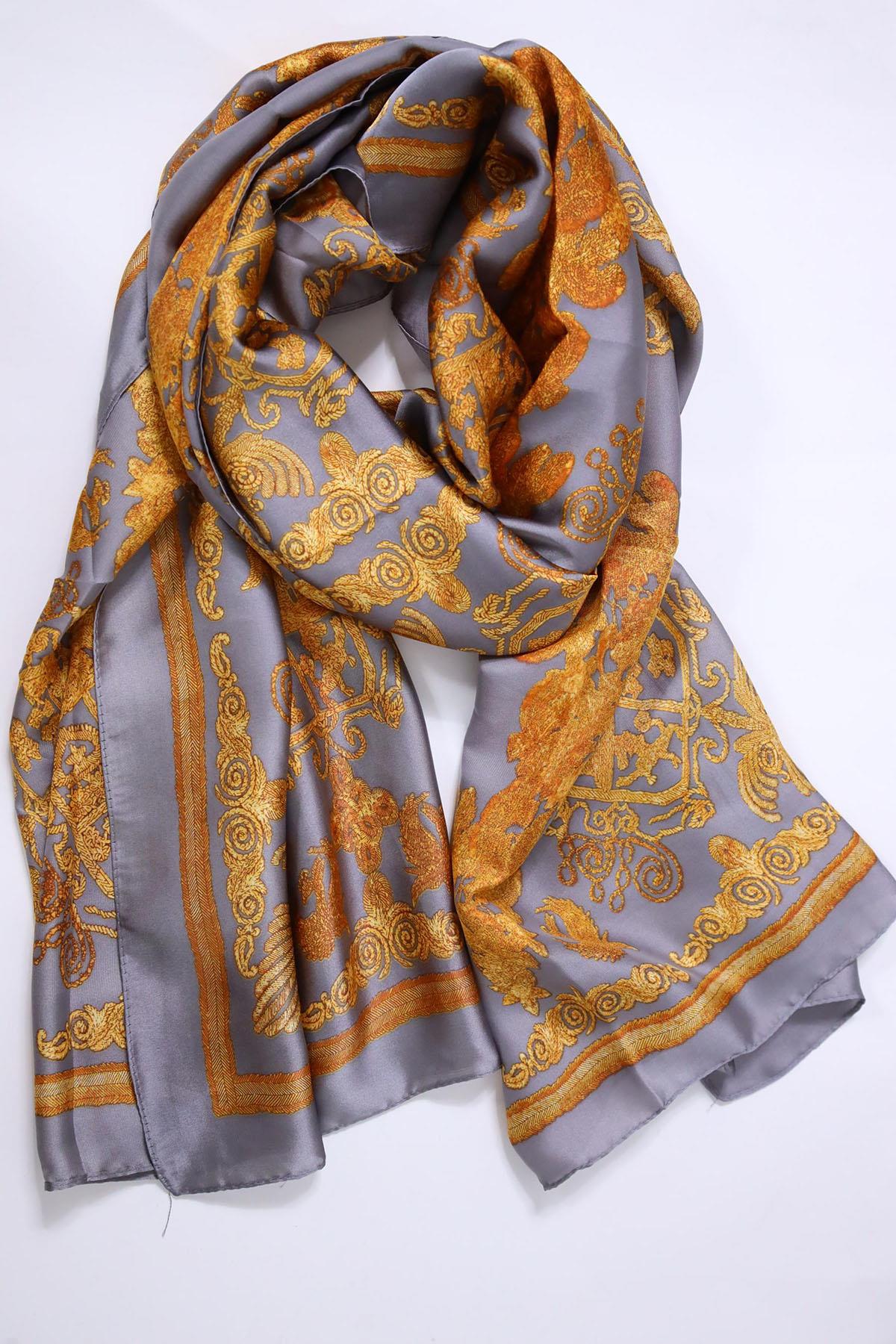 Gri Desenli Otantik İpek Şal - Şaman Butik Gri Desenli Otantik İpek Şal