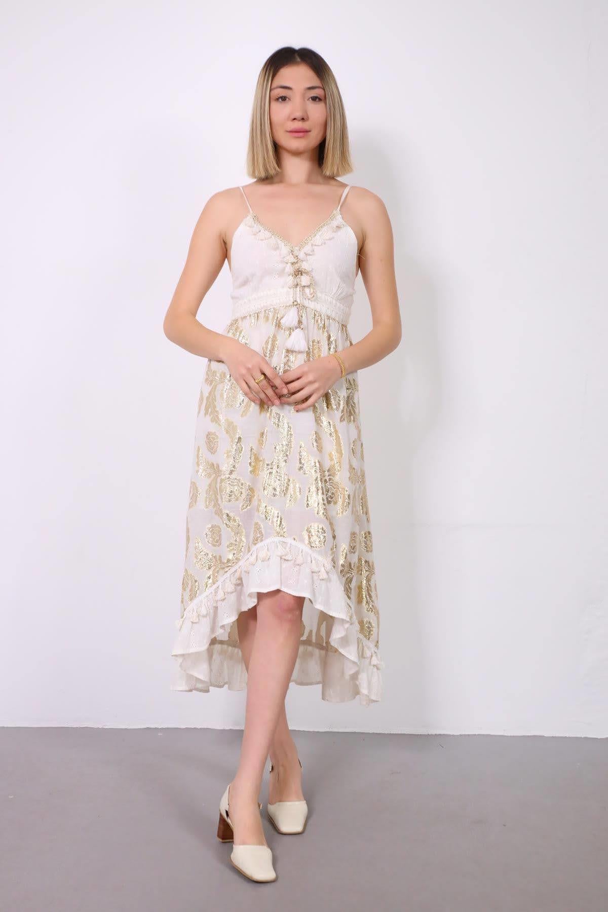 Beyaz V Yaka Parlak Desenli Güpürlü Elbise - Şaman Butik Beyaz V Yaka Parlak Desenli Güpürlü Elbise