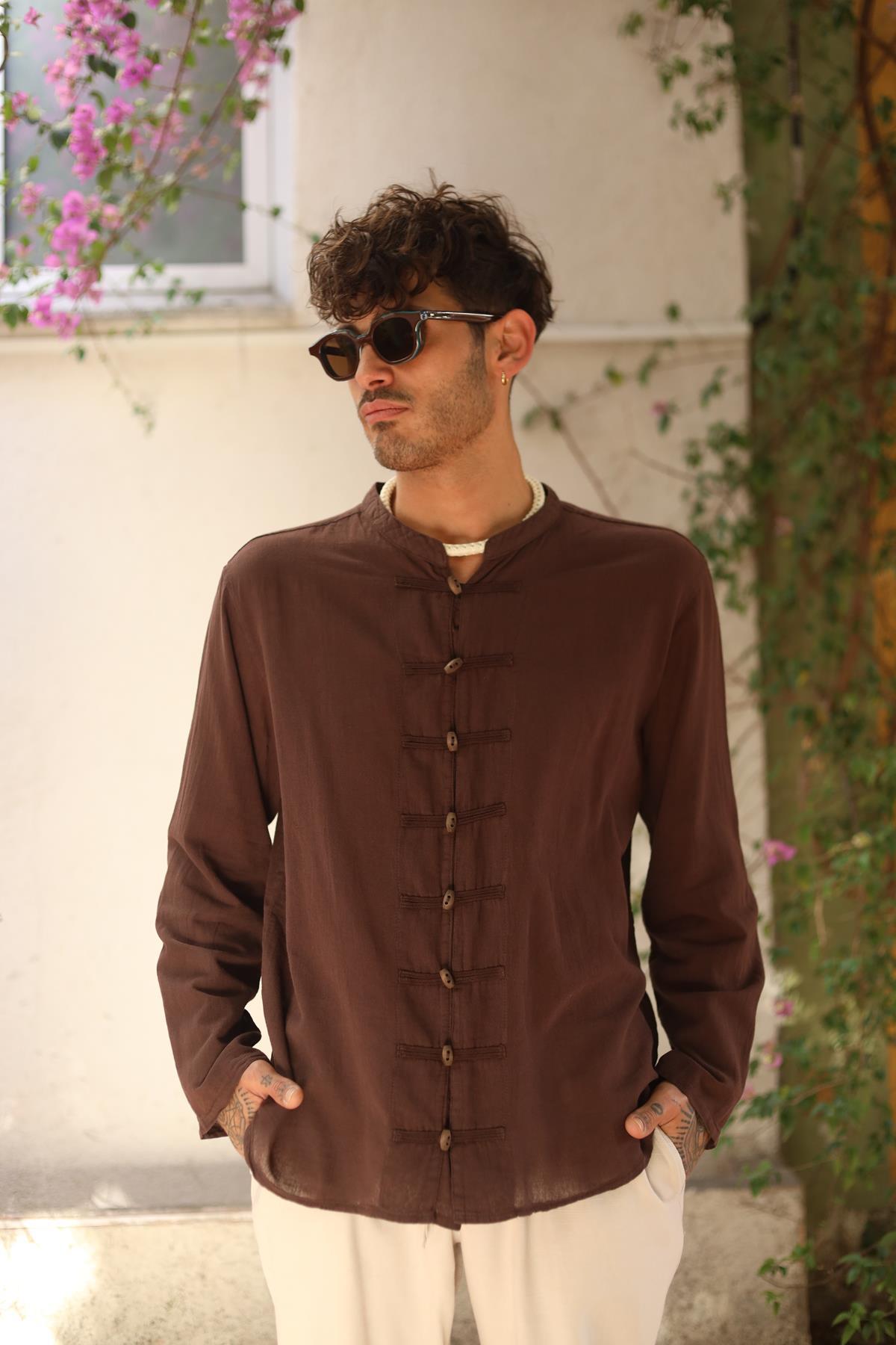 Brown Mandarin Collar Men's Shirt