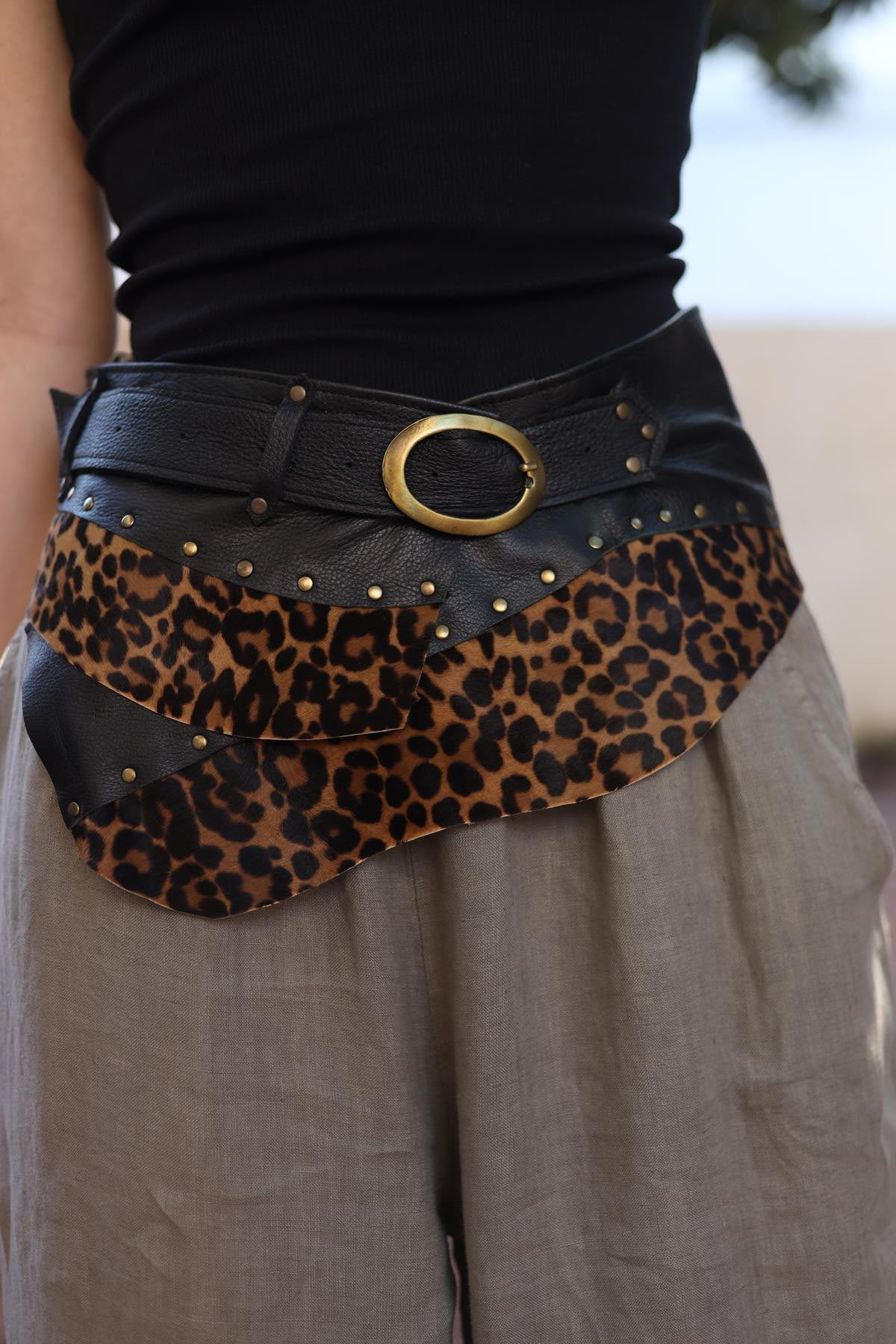 Black Leopard Patched Leather Belt