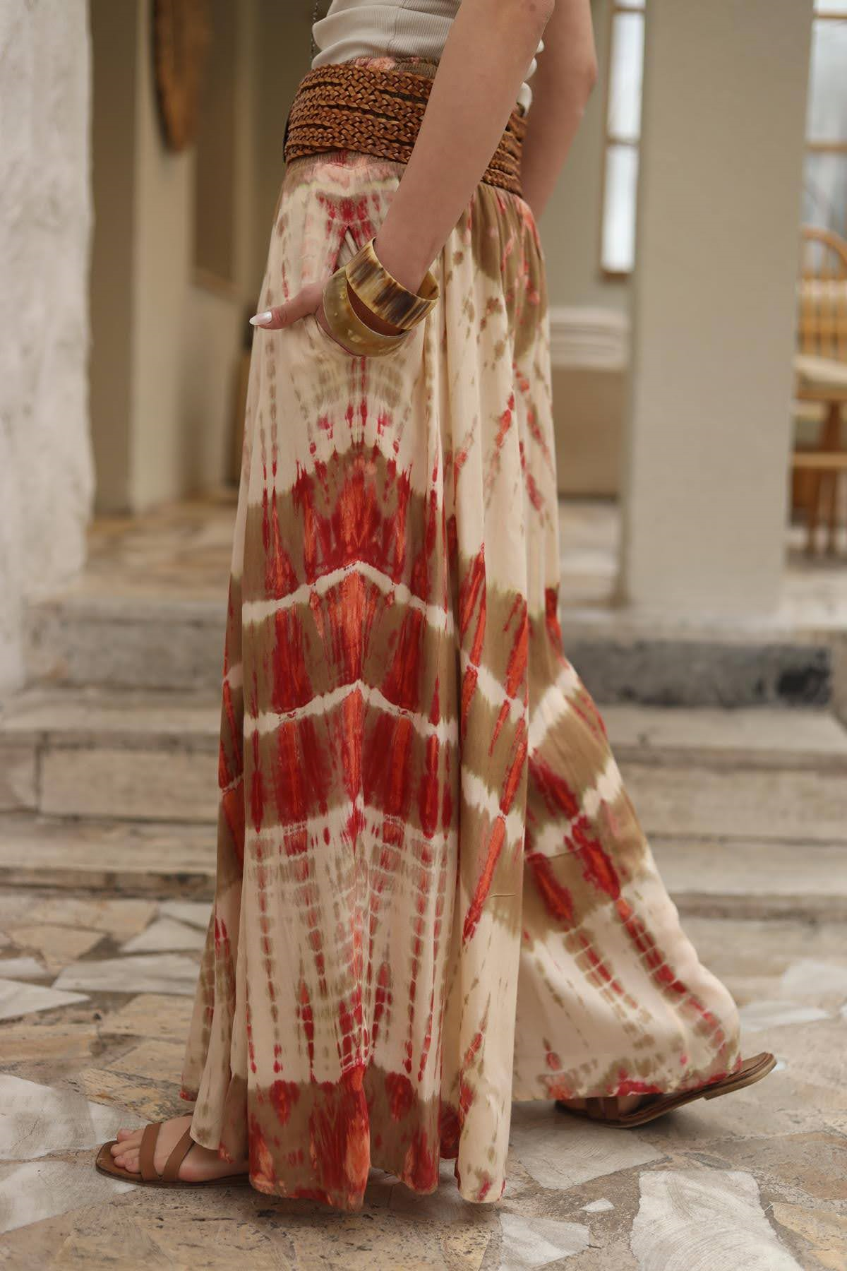 Krem Rengi Beli Gipeli Geniş Paça Batikli Pantolon