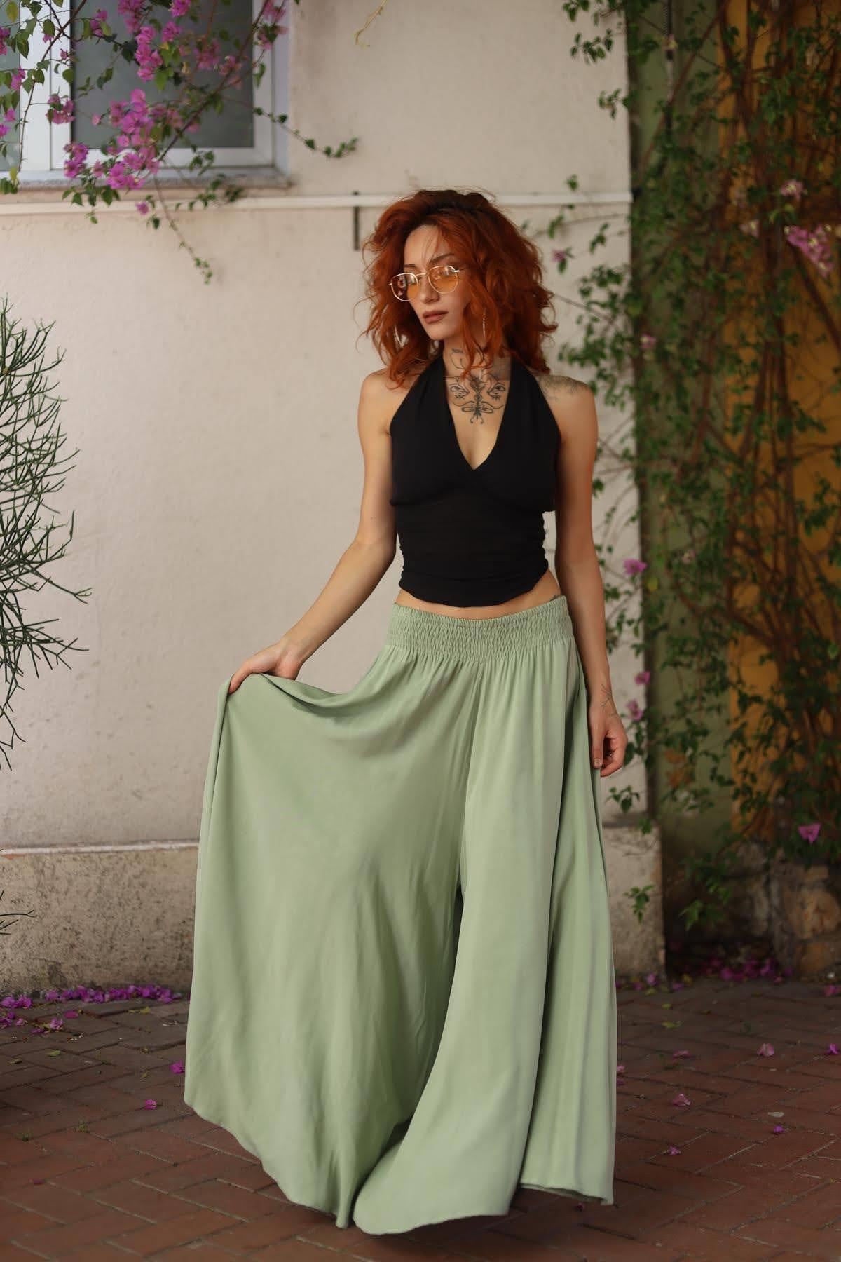 Çağla Yeşili Beli Gipeli Bol Paça Salaş Pantolon