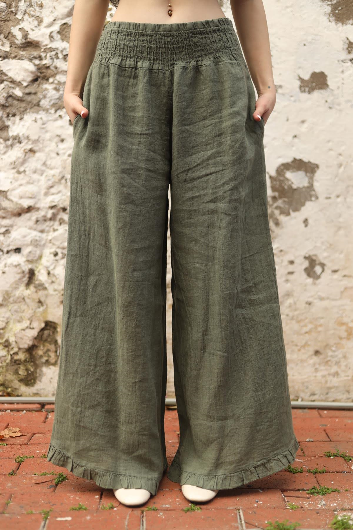 Haki Beli Gipeli Paça Detaylı Keten Pantolon