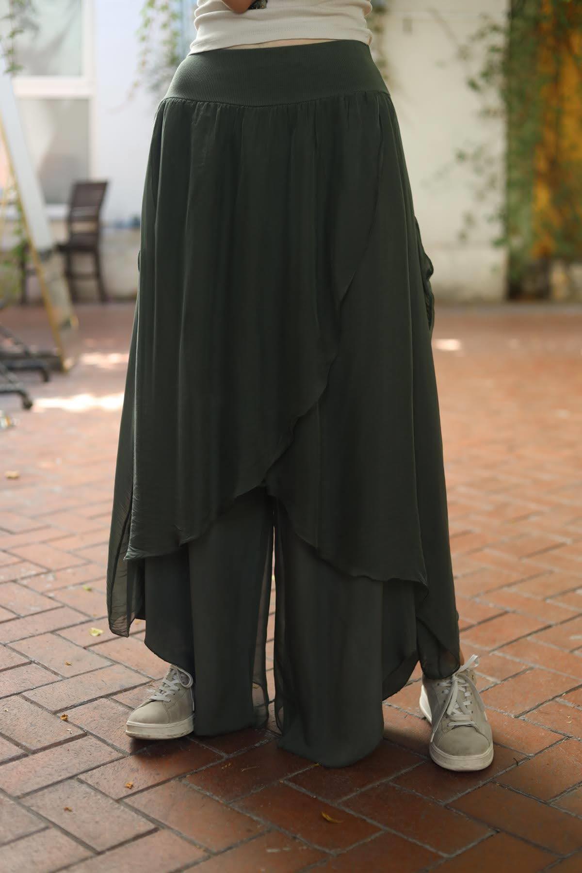  Khaki Silk Butterfly Harem Trousers