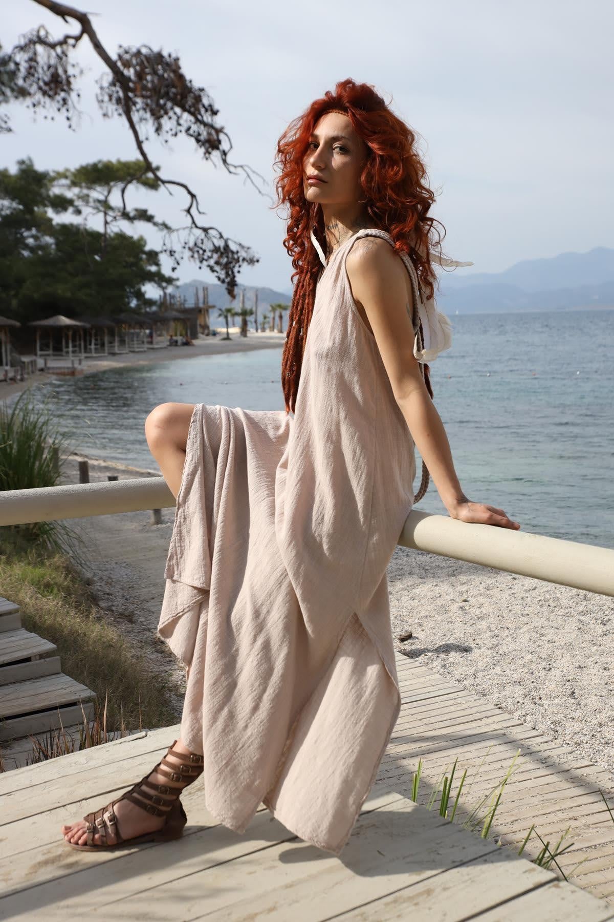 Bej Helen Model Örgü Askılı Elbise