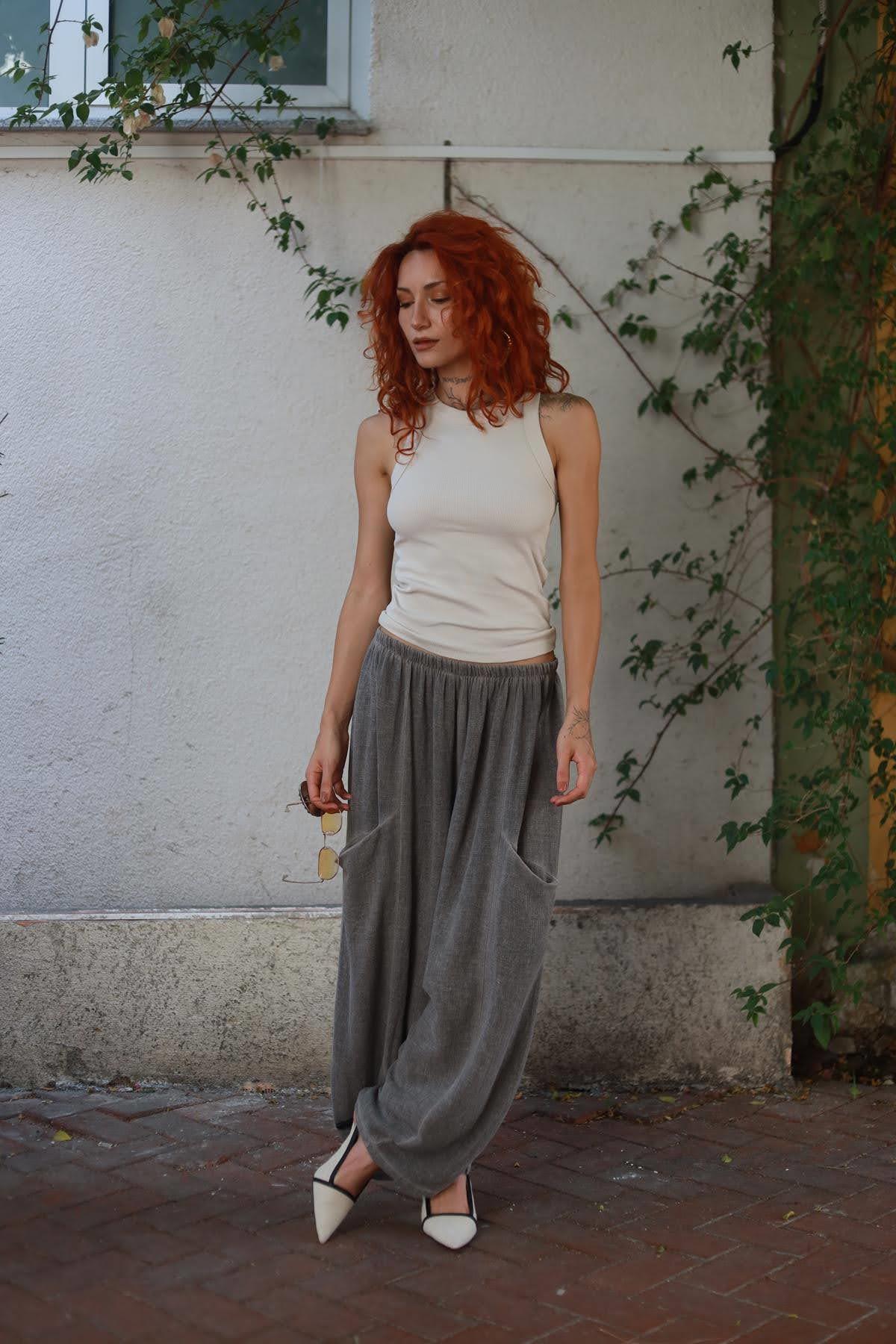 Koyu Vizon Beli Lastikli Yanları Cepli Keten Pantolon