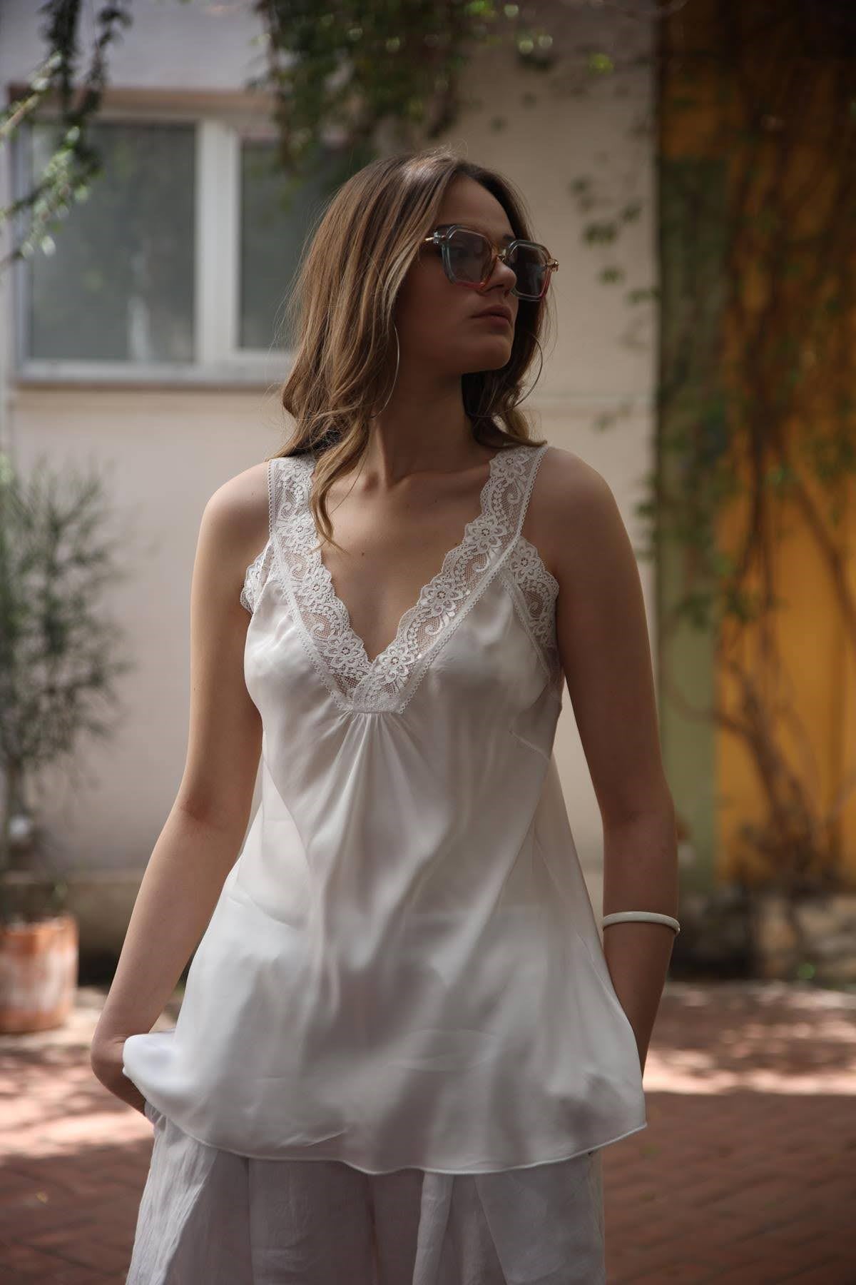 White Lace Embroidered Silk Tank Top